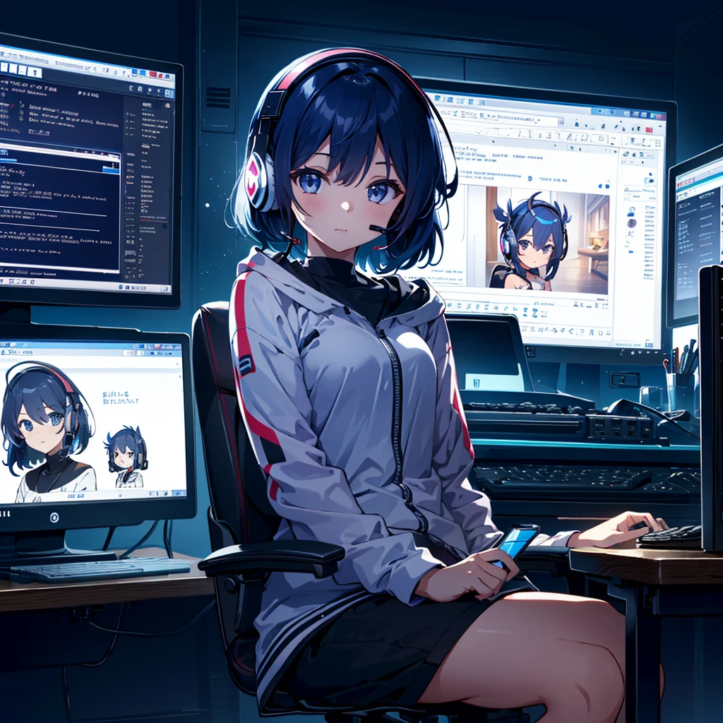 {{{Masterpiece, highest quality, high resolution background}}}, bright and beautiful atmosphere, 1 girl (2 years old, 1 short-tempered round face), small breasts, in front of a computer, wearing a headset, computer monitor A chat screen appears, a girl chatting happily, wearing clothes for going out, sitting on a computer chair, "deltamon_sdXL :0.73) >Deltamon"