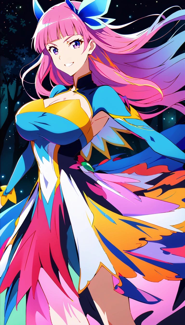 (anime art, anime styling, studio anime, very detailled, updated, Vibrant, anime coloring, hight contrast, work of art:1.2, best qualityer, better aesthetics), (1 girl), Color Connections, colors, esquema de cores Vibrants, colorsda, mancha colorsda, NSFW, (portraite, cowboy shot), sensuous, in the deep forest, Dance, (Big Breasts 1.2), crooked, (Bewitching woman), (smile and laugh:1.2), fantasy starry sky fairy, fantasy starry sky fairy,Falling petals, shining stars,
