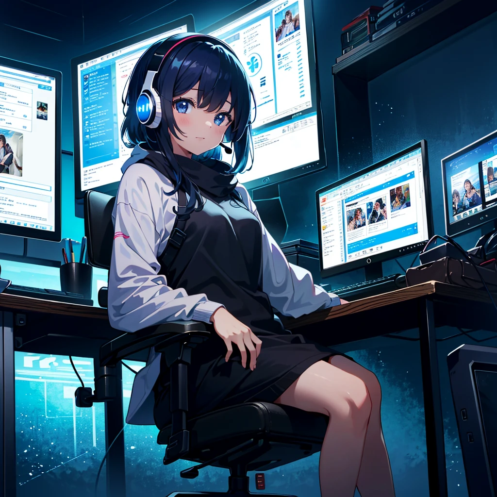 {{{Masterpiece, highest quality, high resolution background}}}, bright and beautiful atmosphere, 1 girl (2 years old, 1 short-tempered round face), small breasts, in front of a computer, wearing a headset, computer monitor A chat screen appears, a girl chatting happily, wearing clothes for going out, sitting on a computer chair, "deltamon_sdXL :0.73) >Deltamon"