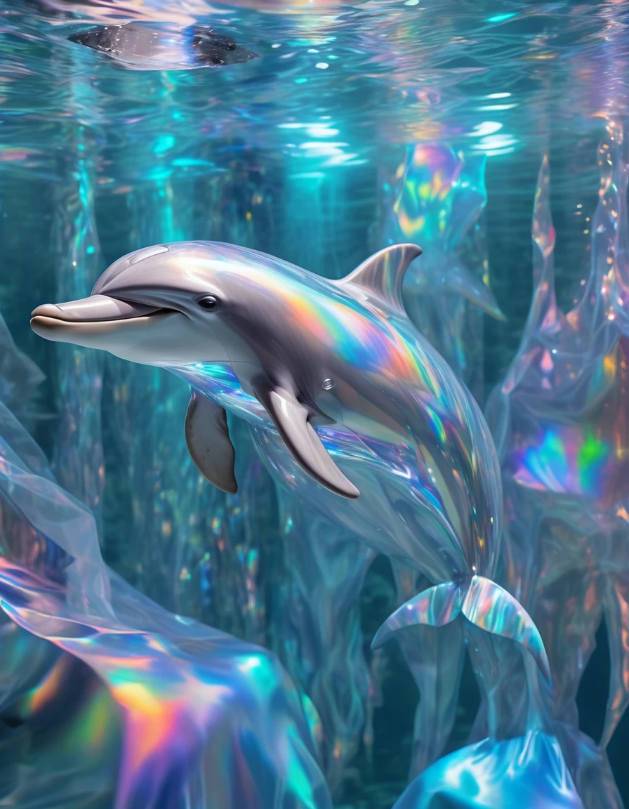 Swimming underwater,Dolphin,The body is transparent,Crystal-like,Graceful appearance,Holographic fabric that changes color and texture, Psychedelic Pattern, Sparkling Illusions, Optical illusions in haute couture, The Holo-Delirium Epidemic, An environment filled with constantly changing holographic projections and disorienting imagery.,detailed, ,