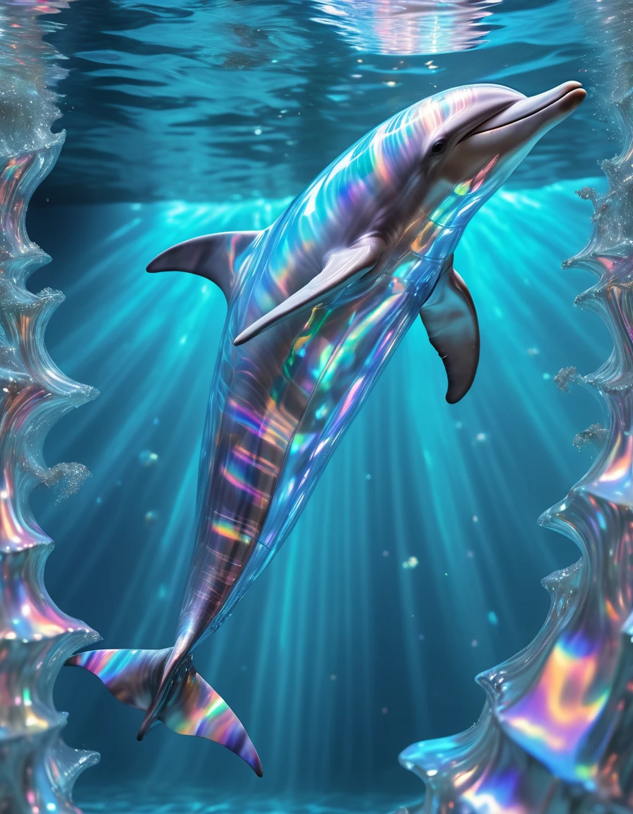 Swimming underwater,Dolphin,The body is transparent,Crystal-like,Graceful appearance,Holographic fabric that changes color and texture, Psychedelic Pattern, Sparkling Illusions, Optical illusions in haute couture, The Holo-Delirium Epidemic, An environment filled with constantly changing holographic projections and disorienting imagery.,detailed, ,