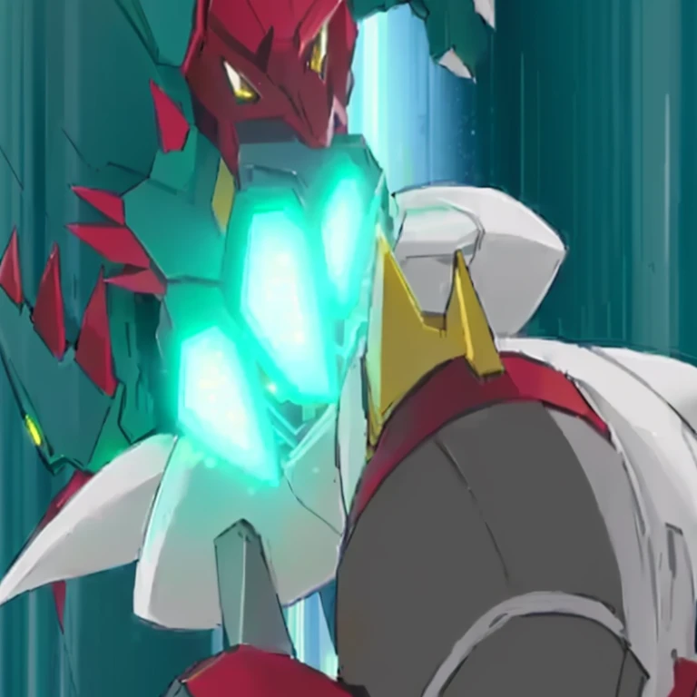anime character with glowing green eyes and a red head, gurren lagan, safebooru anime image, gelbooru anime image, robot dragon claws, gurenn lagann, do you know de wae, octorok, intense fighting, gurren lagann, intense battle, sharp robot dragon claws, mega legendary, ultra mega super hyper detail