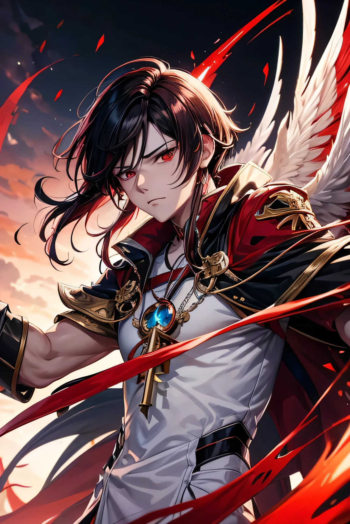 close up of a man with a combination of red, white and black hair, with a combination of red, white and black sword, and bird wings, dari arknights, key anime art, beautiful male god of death, key anime art yang mendetail, Keqing from Genshin Impact, anime hero 8 k, anime character art yang mendetail, wallpaper seni anime 8 k, seni zerochan, by Yang J, wallpaper anime, male anime character, memakai pakaian kombinasi merah putih dan hitam yang very detail, studded with ruby gems, whole body, anime character art, wallpaper anime 4k, wallaper anime, hyper realistic, very detail