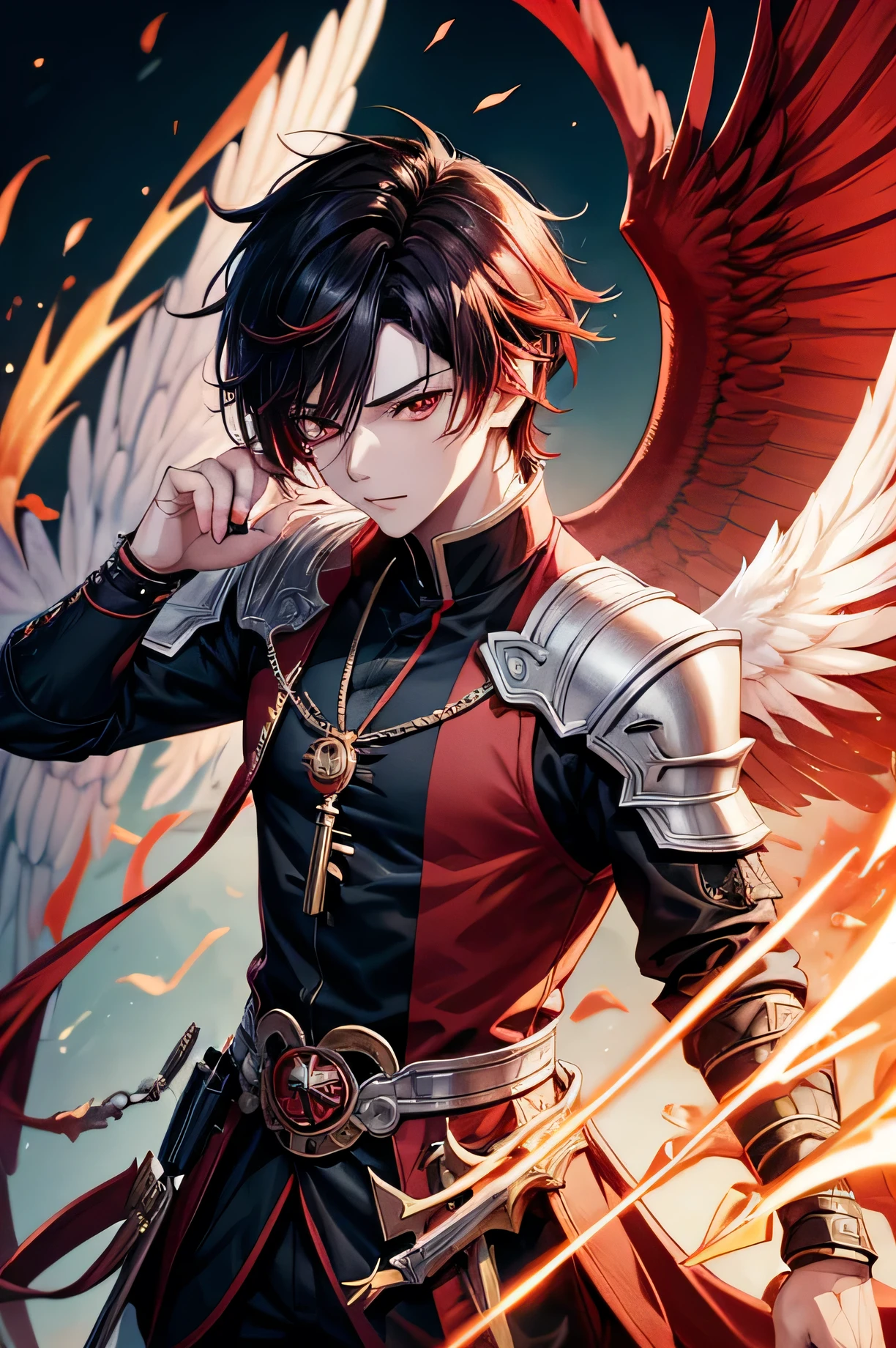 close up of a man with a combination of red, white and black hair, with a combination of red, white and black sword, and bird wings, dari arknights, key anime art, beautiful male god of death, key anime art yang mendetail, Keqing from Genshin Impact, anime hero 8 k, anime character art yang mendetail, wallpaper seni anime 8 k, seni zerochan, by Yang J, wallpaper anime, male anime character, memakai pakaian kombinasi merah putih dan hitam yang very detail, studded with ruby gems, whole body, anime character art, wallpaper anime 4k, wallaper anime, hyper realistic, very detail