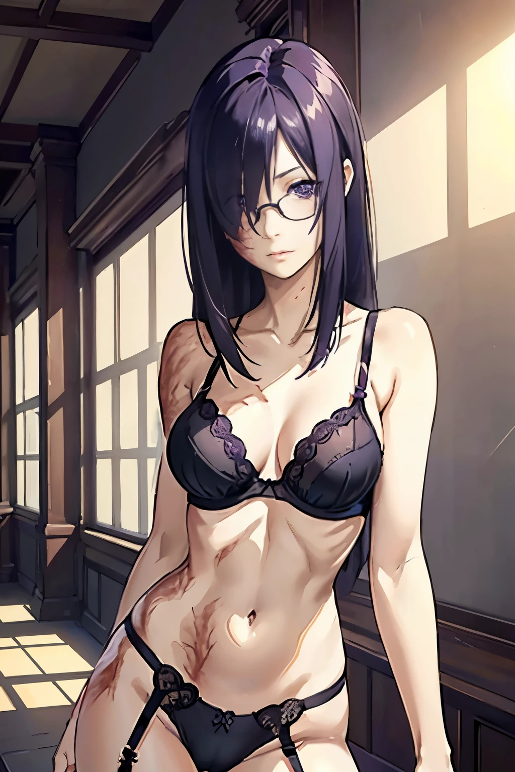 8k, perfect and deep shadows, detailed eyes, full body shot, high quality picture, high detailed background, HD shadows, masterpiece, older girl, 1 girl, (glasses:1.2), (skinny and fit body:1.2), (slim waist), (narrow hips:1.1), (slender legs:1.1), (see through lingerie:1.2), perfect breasts, tight breasts pressed against each other, camel toe, tight lingerie bra, very short asymmetrical haircut, dark purple hair, purple eyes, seductive light smile, (burn scar on the right side of the face:1.3), (burn scar on the right side of the body:1.3), (clear left side of the body:1.2), hair over right eye, (disheveled hair:1.2), hanako, hair over one eye