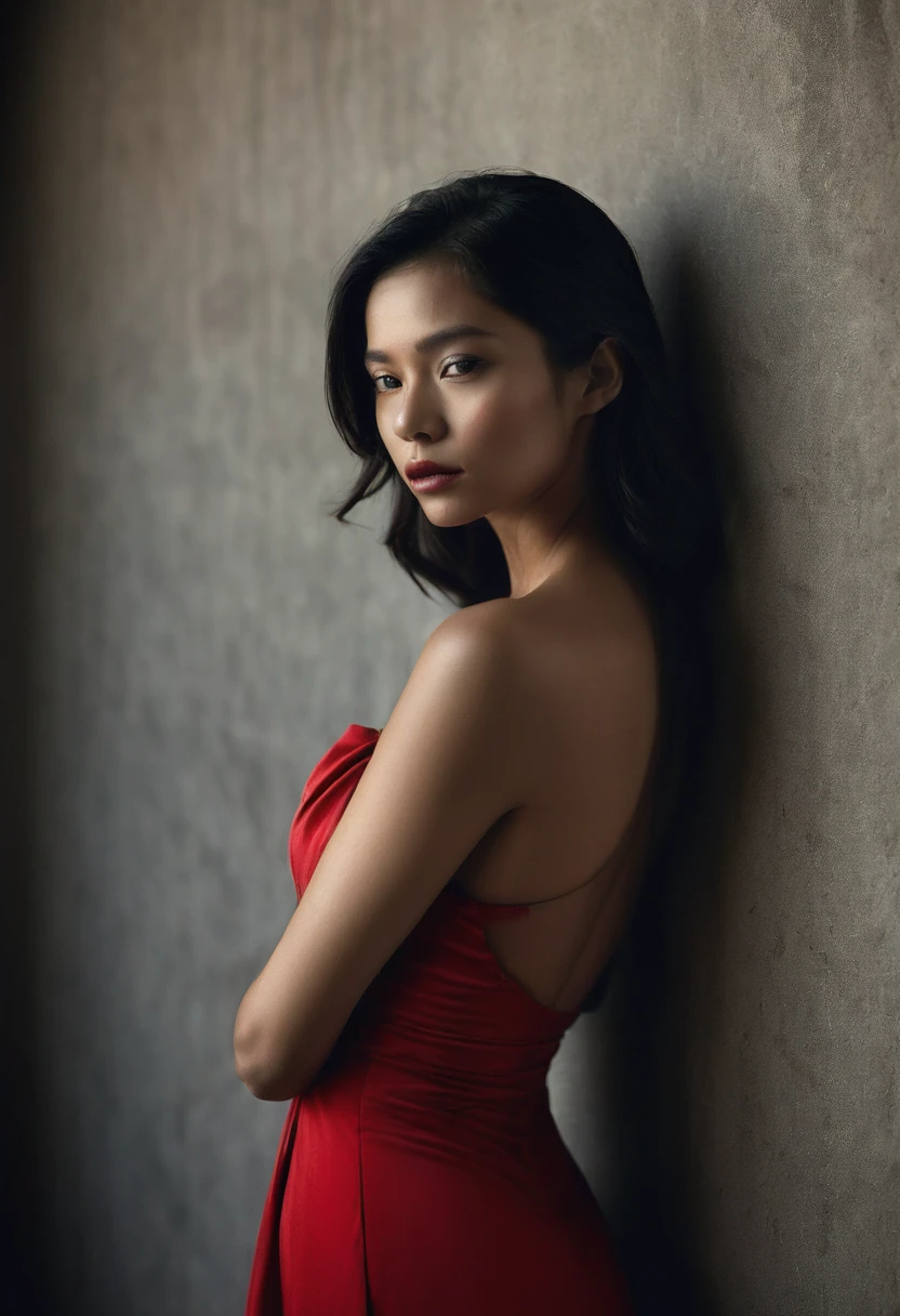 woman bathed in soft light, leaning against a wall, looking into the camera in a moment of raw emotion. Her attire is minimal, accentuating her beauty with the dramatic shadows cast by the lighting. The background is stark, with sharp contrasts highlighting the contours of her form. The red and black palette intensifies the mood, evoking a sense of mystery and allure. Subtle film grain and meticulous shading add depth and texture, emphasizing the emotional gravity of the scene. The lighting creates a chiaroscuro effect, accentuating her expressive pose and the intense atmosphere.