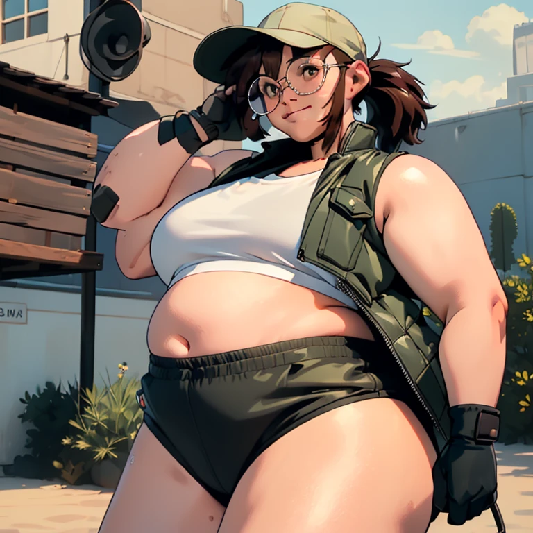 (FioGermiWaifu:1), 1girl, big fat body  (shorts, crop top, gloves, round eyewear, vest, baseball cap), looking at viewer, cute pose, smile, desert background, :D, (masterpiece:1.2), (best quality, highest quality), (ultra detailed), (8k, 4k, intricate),(full-body-shot:1),(Cowboy-shot:1.2), (50mm), (highly detailed:1.2),(detailed face:1.2), detailed_eyes,(gradients),(ambient light:1.3),(cinematic composition:1.3),(HDR:1),Accent Lighting,extremely detailed CG unity 8k wallpaper,original, highres,(perfect_anatomy:1.2), solo, wide shot, nsfw, (detailed ladscape, city, street:1.2),(detailed background),(dynamic_angle:1.2), (dynamic_pose:1.2), (rule of third_composition:1.3), (dynamic_perspective:1.2), (dynamic_Line_of_action:1.2),