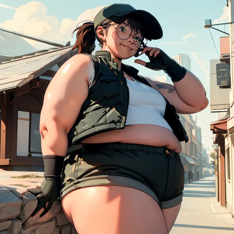 (FioGermiWaifu:1), 1girl, big fat body  (shorts, crop top, gloves, round eyewear, vest, baseball cap), looking at viewer, cute pose, smile, desert background, :D, (masterpiece:1.2), (best quality, highest quality), (ultra detailed), (8k, 4k, intricate),(full-body-shot:1),(Cowboy-shot:1.2), (50mm), (highly detailed:1.2),(detailed face:1.2), detailed_eyes,(gradients),(ambient light:1.3),(cinematic composition:1.3),(HDR:1),Accent Lighting,extremely detailed CG unity 8k wallpaper,original, highres,(perfect_anatomy:1.2), solo, wide shot, nsfw, (detailed ladscape, city, street:1.2),(detailed background),(dynamic_angle:1.2), (dynamic_pose:1.2), (rule of third_composition:1.3), (dynamic_perspective:1.2), (dynamic_Line_of_action:1.2),