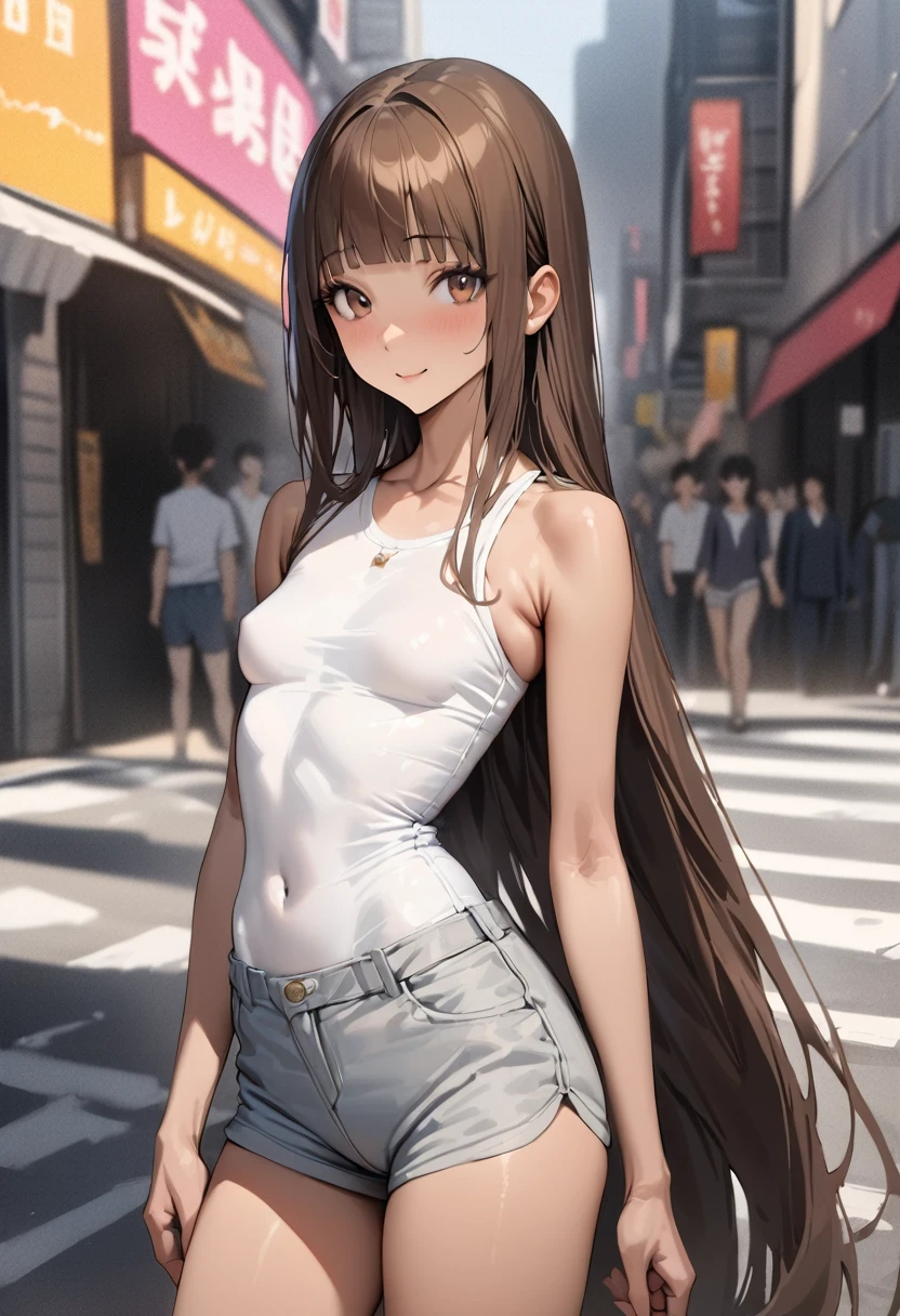 ((masterpiece,best quality anime,Highest quality:1.3)),realistic,cowboy shot,20 year old beauty,独奏,1woman,((very small head:1.3)),((very long body:1.2)),ideal ratio body proportions,tan skin,brown hair,bangs,straight long hair,gorgeous eyes,brown eyes,smile,White T-shirt、Light grey cotton shorts,((slender body,skinny,toned body)),small breasts,gleaming skin,、on street,Shibuya Station、、