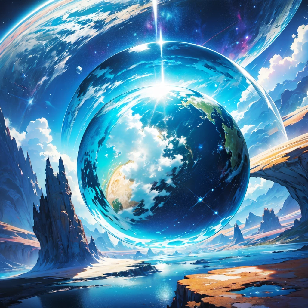 Create an intergalatic landscape with a cosmic water floor and bubble universes