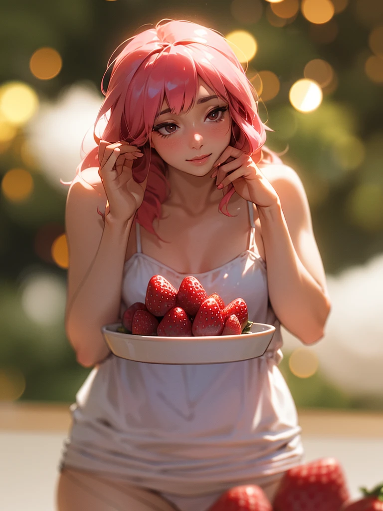 (Sumilux f1.4 50mm , low Latitude old color negative film , cross process , bokeh, flare, chromatic aberration , soft focus, (Shallow focus) , soft glow , Maximum aperture, low Key , Transparent depiction) , (coquettish bbw) , 2 small strawberrys , Caressing the strawberries , Pour condensed milk , Kama Sutra , (hide with strawberry) , camisole