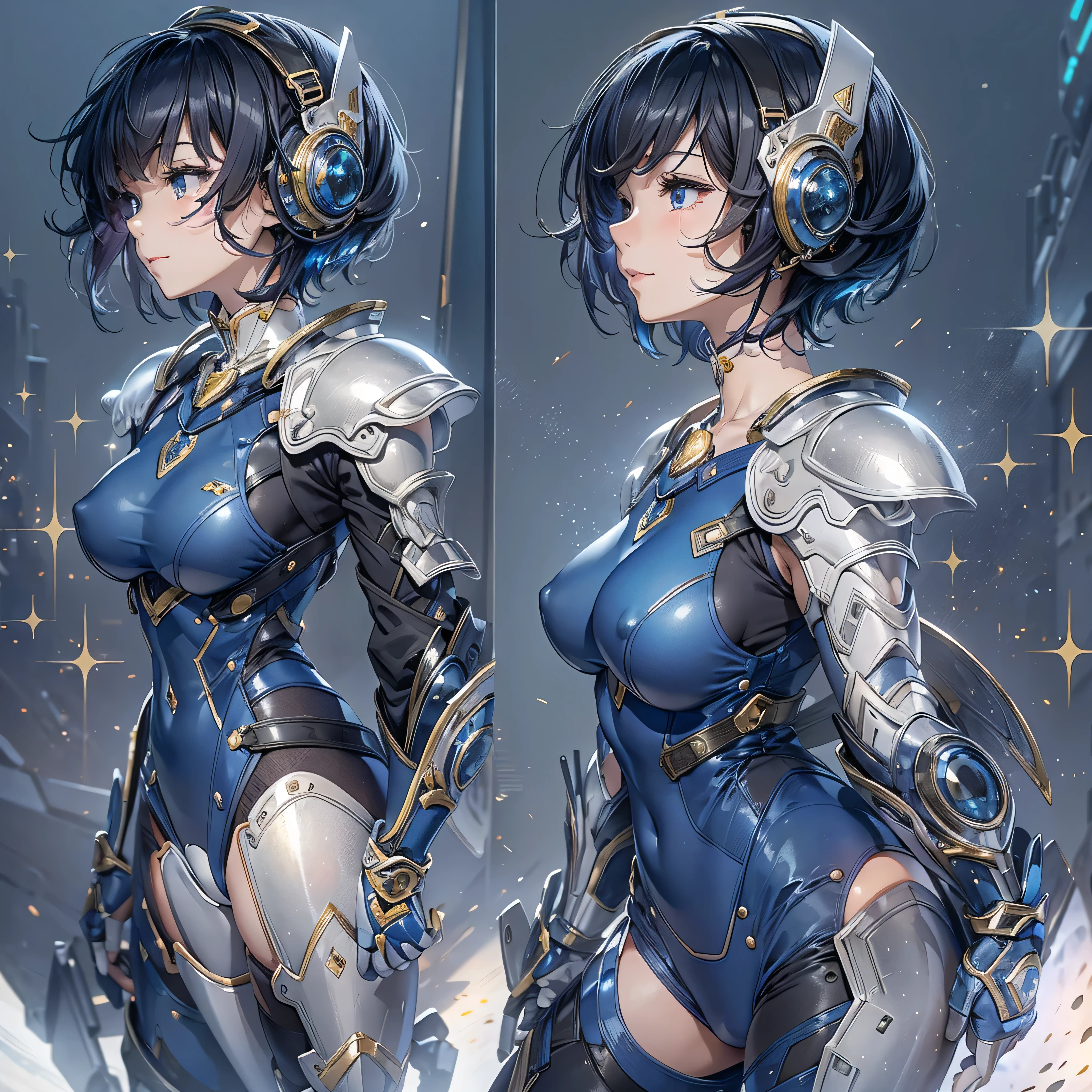 (masterpiece、Highest quality、Highest Resolution、Clear_image、Detailed details、Angle from above): (Whole body、One 20 year old girl、Japanese Faces、Small Face、Slender、Navy blue super short bob cut hair、(Hidden small breasts:1.3)、Sparkling blue eyes、Shiny pilot suit in blue and black colors、Chest protection armor、Tight fitting clothes、Clothing that covers the whole body、Glamorous clothes、Tight Fit Pants、Hide your skin、Very delicate and beautiful、Detailed Skin、hide thighs、Hide your ass、Cute、A gentle smile、Soft expression、heroine、headset、Knee-high boots、Elbow-length gloves、Eye Level Shot、Face directly、Woman on a spaceship)