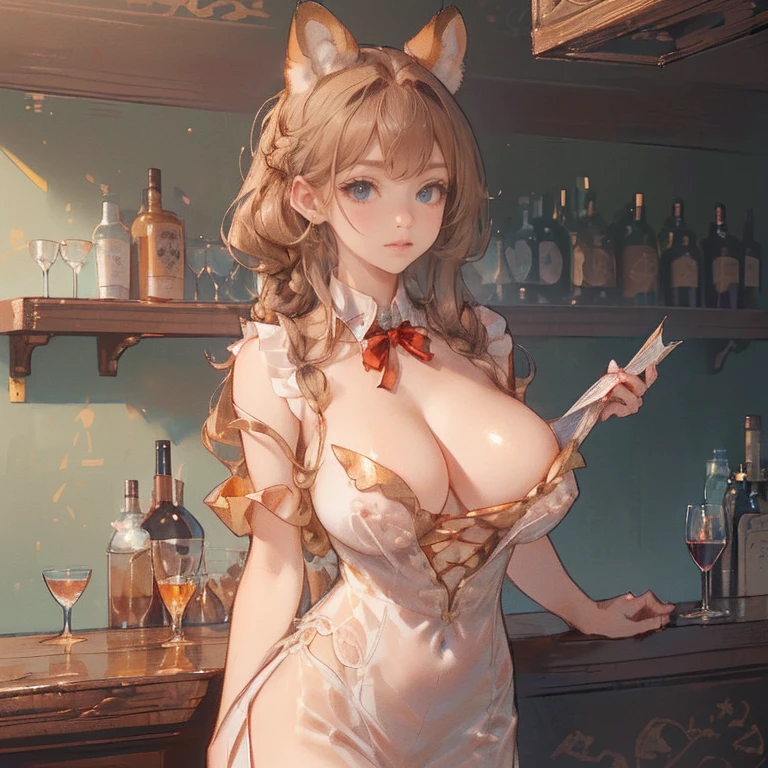 Anime Kawaii sexy Perfect Slim sensual body large breast and huge thighs, An intricate and highly detailed illustration of anime (Young girl) (((work of art))), (((highest quallity))), ((ultra detali)), ((super fine illustration)), ((ultra-fine painting)), (Papel de parede da highest quallity 16K:1.4), (trunk:1.6), HDR, (highy detailed and delicate illustration style:1.8), Detailed texture skin, detailed cloth texture, extremely detailed description, (Masterpiece T), (highy detailed face:1.4), (highy detailed red fox ears:1.2), (highy detailed (golden brown:1.4) Braid:1.2), (highy detailed blue eyes:1.2), original, CRU photo, proffesional, details Intricate, super details, (Perfect Anatomia:1.4), (highy detailed hands:1.2), (highy detailed fingers:1.2), (highy detailed fingertips:1.2), (27 year old), (standing alone:1.6), ((A beautiful and attractive (red fox) Female model:1.4)) curb (Beautiful and adorable red fox ears:1.6), (highy detailed and delicate red fox ears:1.2), (Large, beautiful and well-shaped breasts:1.2), (Beautiful, well-shaped buttocks), (Beautiful and shiny (golden brown:1.25) Braid:1.6), (highy detailed and delicate (golden brown:1.4) Braid:1.2), (Beautiful, clear blue eyes:1.6), (highy detailed and delicate blue eyes:1.2), (highy detailed face:1.4), (ssmile:1.3), (blush:1.2), (looking ahead at viewer:1.4) curb (She is wearing a sophisticated black and white short-sleeved bartender uniform:1.4) curb ((A sophisticated BAR in the background:1.4), A drinks shelf filled with bottles of high-quality whiskey and cognac:1.4, bar counter:1.4) curb