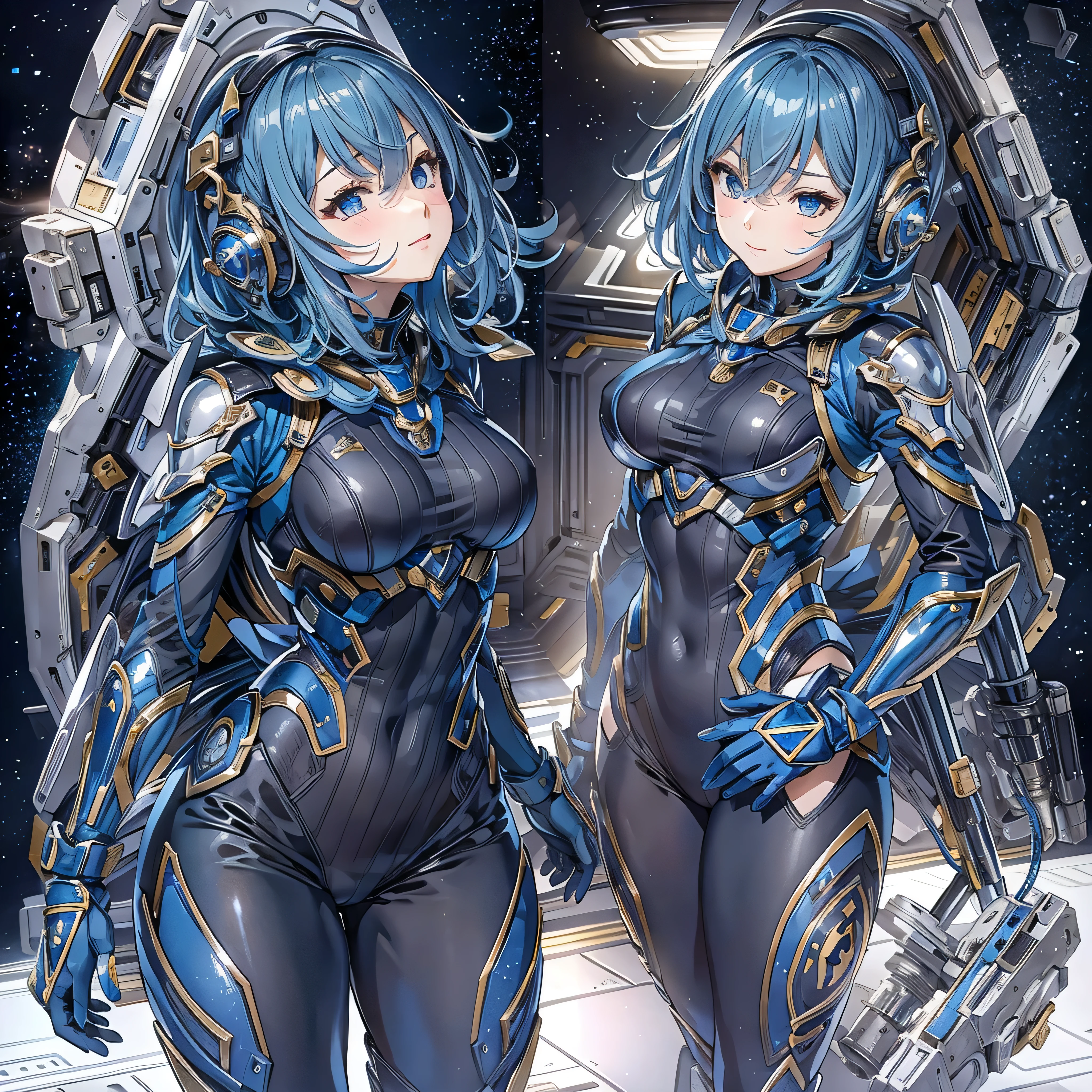 (masterpiece、Highest quality、Highest Resolution、Clear_image、Detailed details、Angle from above): (Whole body、One 20 year old girl、Japanese Faces、Small Face、Slender、Navy blue super short bob cut hair、(Hidden small breasts:1.3)、Sparkling blue eyes、Shiny pilot suit in blue and black colors、Chest protection armor、Tight fitting clothes、Clothing that covers the whole body、Glamorous clothes、Tight Fit Pants、Hide your skin、Very delicate and beautiful、Detailed Skin、hide thighs、Hide your ass、Cute、A gentle smile、Soft expression、heroine、headset、Knee-high boots、Elbow-length gloves、Eye Level Shot、Face directly、Woman on a spaceship)