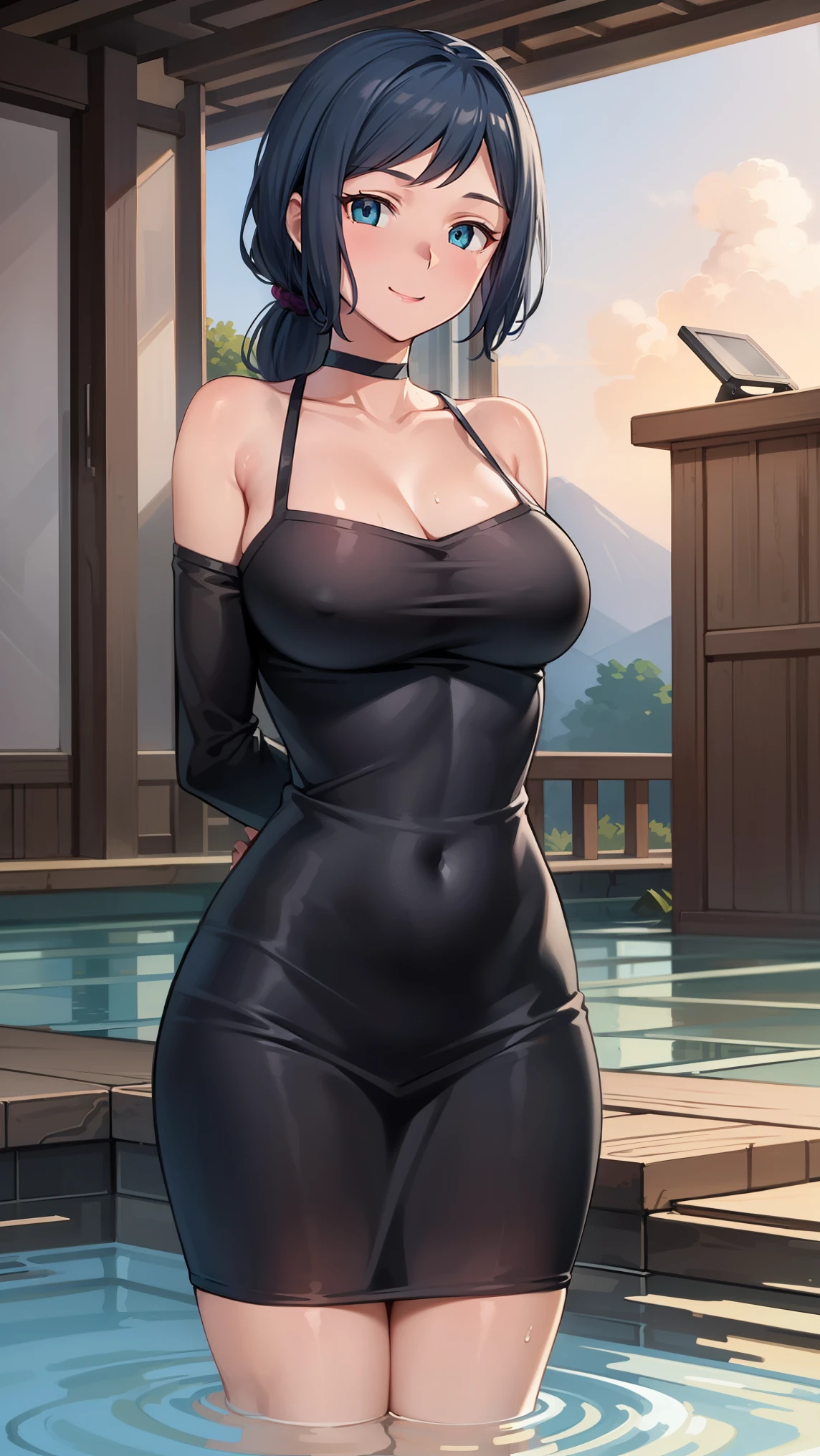rinko-iori, wide hips, low ponytail, blue eyes,
BREAK (Bodycon dress with strappy sandals and a choker:1.2),
BREAK onsen, steam, (partially submerged:1.3), looking at viewer, smile,((hands behind back:1.5)),
BREAK (masterpiece:1.2), best quality, high resolution, unity 8k wallpaper, (illustration:0.8), (beautiful detailed eyes:1.6), extremely detailed face, perfect lighting, extremely detailed CG, (perfect hands, perfect anatomy),