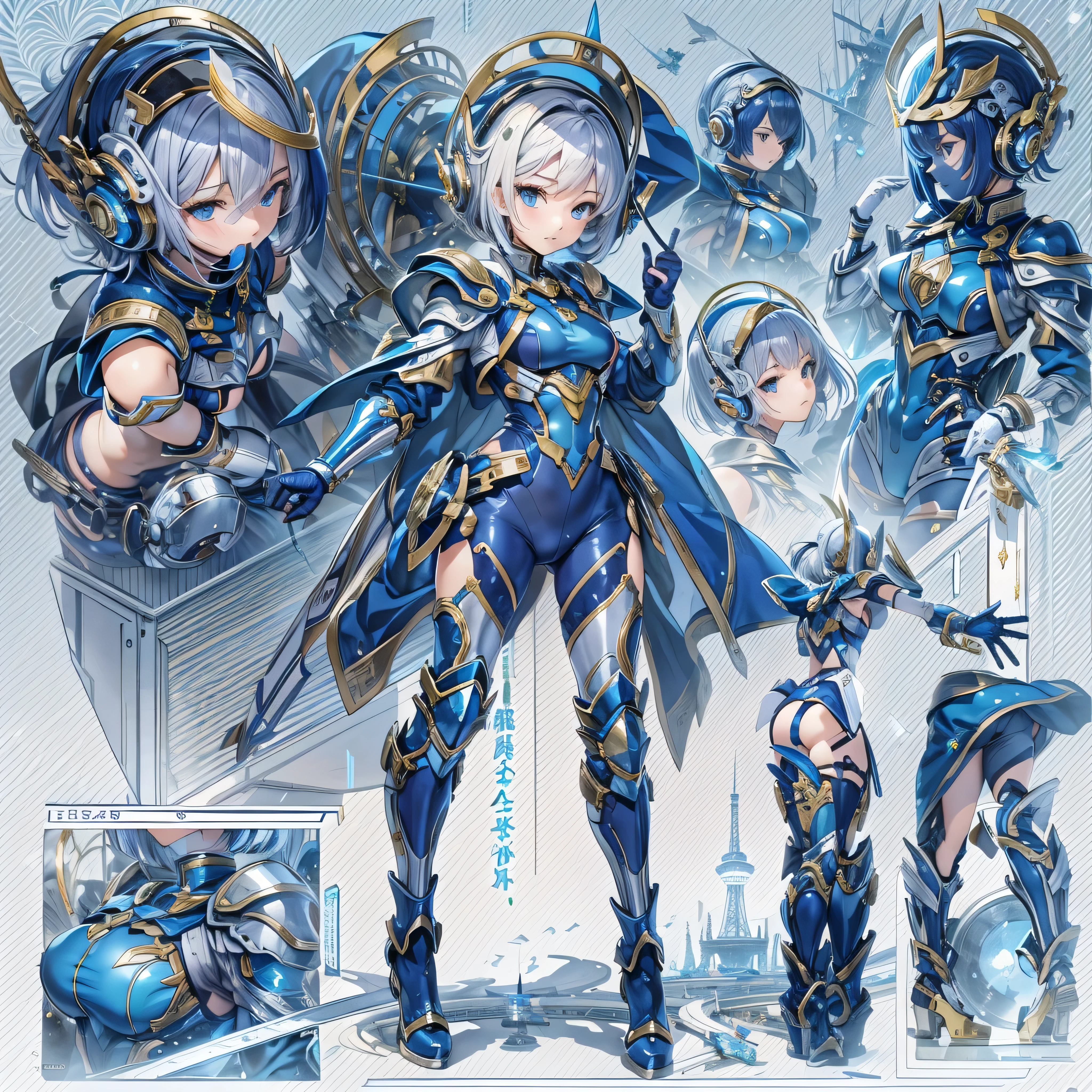 (masterpiece、Highest quality、Highest Resolution、Clear_image、Detailed details、Angle from above): (Whole body、One 20 year old girl、Japanese Faces、Small Face、Slender、Navy blue super short bob cut hair、(Hidden small breasts:1.3)、Sparkling blue eyes、Shiny pilot suit in blue and black colors、Chest protection armor、Tight fitting clothes、Clothing that covers the whole body、Glamorous clothes、Tight Fit Pants、Hide your skin、Very delicate and beautiful、Detailed Skin、hide thighs、Hide your ass、Cute、A gentle smile、Soft expression、heroine、headset、Knee-high boots、Elbow-length gloves、Eye Level Shot、Face directly、Woman on a spaceship)