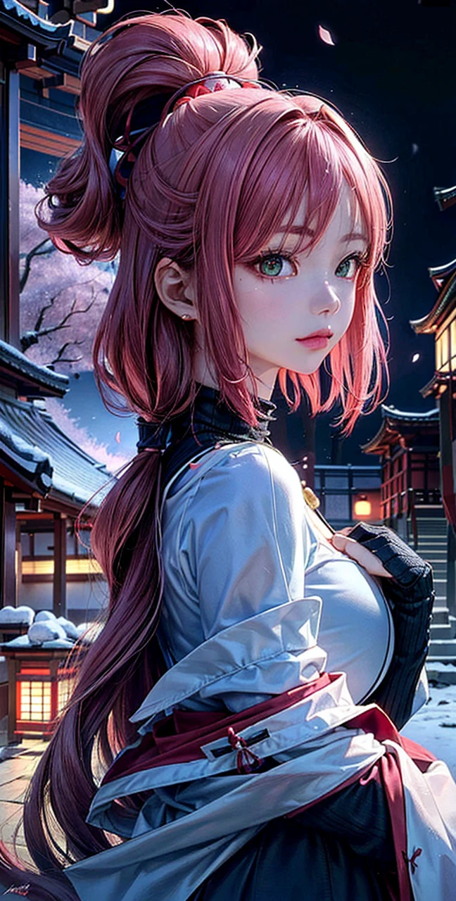 (Masterpiece, Excellent, 1girl, solo, complex details, color difference), realism, ((medium breath)), off-the-shoulders, big breasts, sexy, Yae Miko, long pink hair, red headdress, red highlight, hair above one eye, green eyes, earrings, sharp eyes, perfectly symmetrical figure, choker, neon shirt, open jacket, turtleneck sweater, against the wall, brick wall, graffiti, dim lighting, alley, looking at the audience, ((mean, seductive, charming)), ((cherry blossom background ))),((Japanese temple background)))), (((Glow-in-the-dark background)))