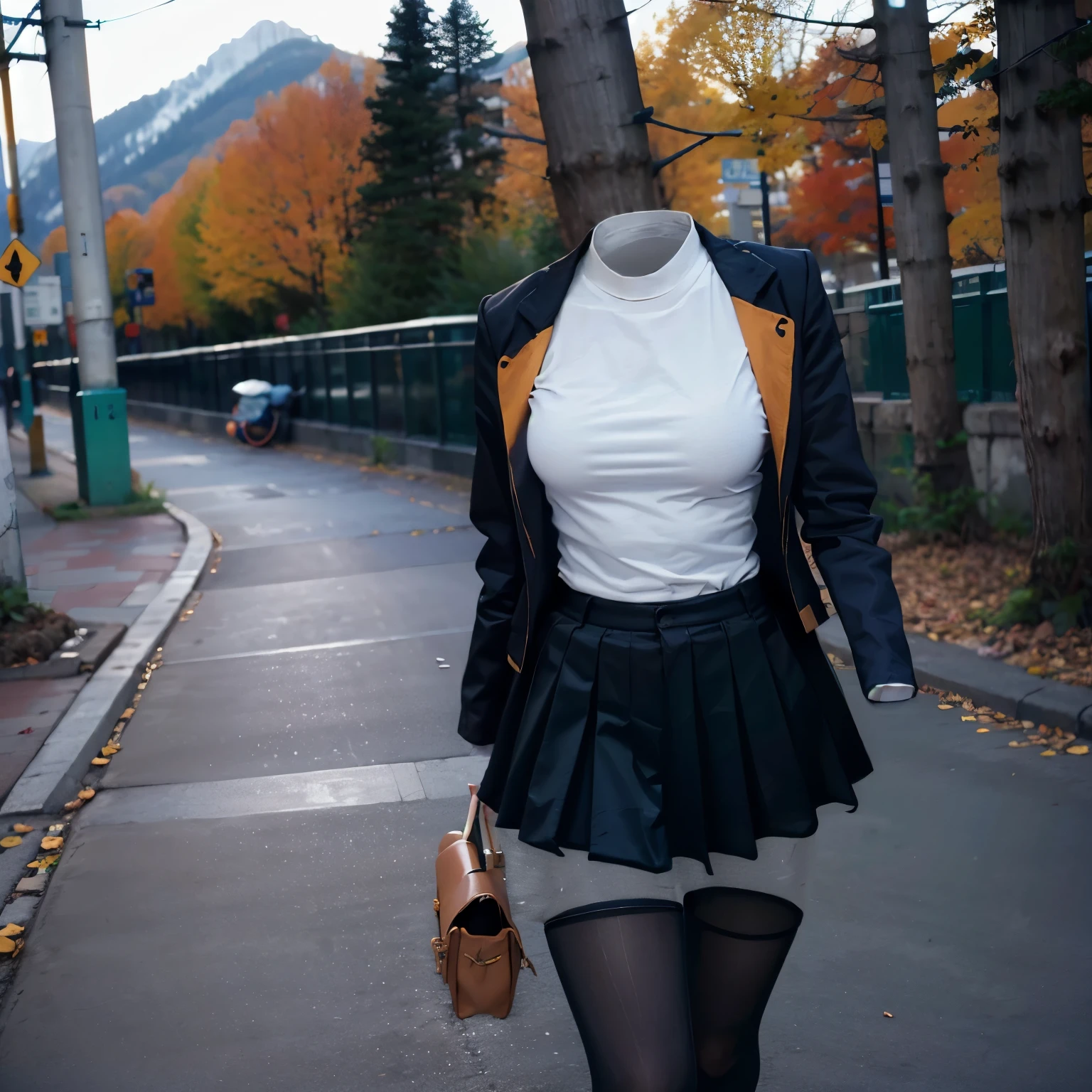 (invisible, no humans, headless, handless, faceless:1.5),cute big breasts, dynamic angle, white shirt, pleated skirt, striped necktie, collared shirt, black jacket, black skirt, long sleeves, school uniform, black socks, sarashina ruka, (close-up to breasts:1.5), best quality, high resolution, (8k, RAW photo, best quality, masterpiece:1.2), (realistic, photo-realistic:1.37), photon mapping, radiosity, ((Hasselblad photography)), physically-based rendering