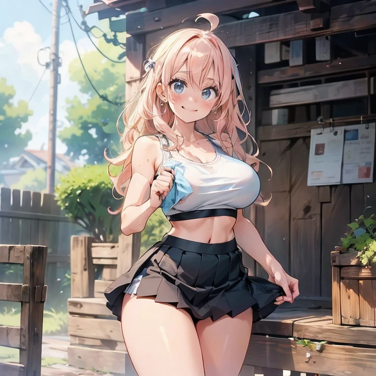 Anime Kawaii sexly Perfect Slim sensual body large breast and huge thighs, An intricate and highly detailed illustration of anime ( girl) breasts big，Lop，sports attire，bra，clavicle，へそ，，a skirt，smiling, sweetheart, sexly :1.2)(Clean the skin)(glad)][(clothes inspired by &to quote;MINNIE&to quote;) , ILLUSTRATION FOR CHILDREN , clean backdrop]