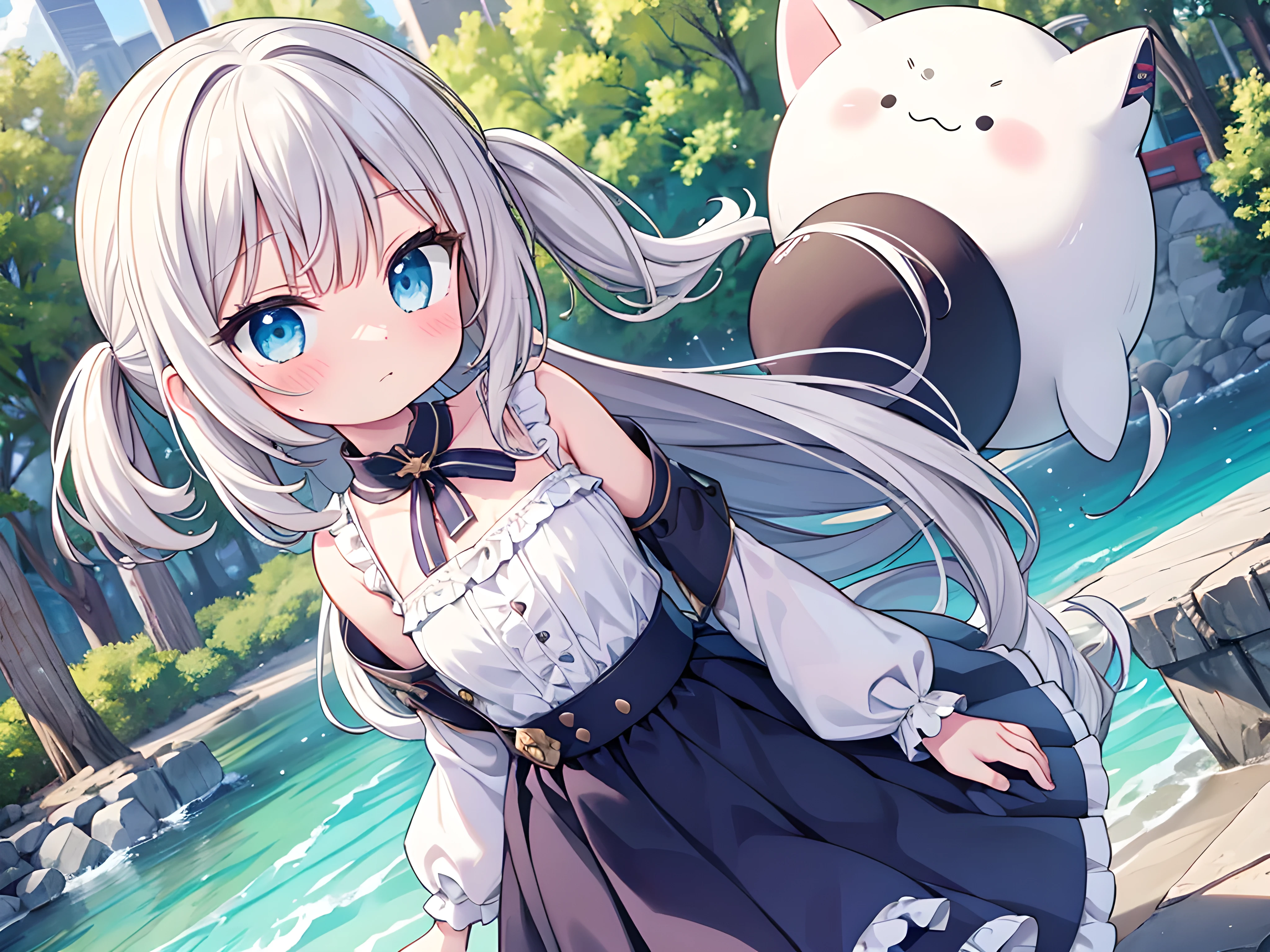 black high boots, tny-atla, closed eyes,tail, bracelets, full body, solo, 1girl, outdoors, masterpiece, best quality, very aesthetic, absurdres ((masterpiece)), (best quality), (ultra-detailed), anime style, (best illustration), ((an extremely delicate and beautiful)), 1girl, solo, long hair, white tiger ears, [:white tiger tail under:0.2], white hair, two-tone hair, white dress, (lilac dress:1), multicolored dress, cross-laced, standing, closed eyes, smile, black skirt, short sleeves, detailed scenery, blue sky, horizon, low twin braids, twin braids, hair ornament, bracelet, (holding ice cream:0.9), blush, eating ice cream, Cute, anime, tail swaying, little Princess. 