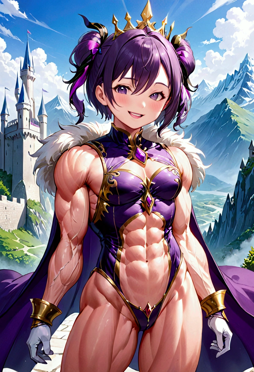 (masterpiece, best quality, detailed), 1girl, solo, looking at viewer, aaram,short hair,hair over one eye,bangs,hair ribbon,purple ribbon,x hair ornament,small breasts, muscular physic (muscular size 2.2)
king, cape, fur-trimmed cape, armor, gold, crown, gem, jewelry, white gloves, outdoors, mountain, castle, fantasy, scenery, sky, contrapposto, smile, open mouth, teeth, v-shaped eyebrows, smug
