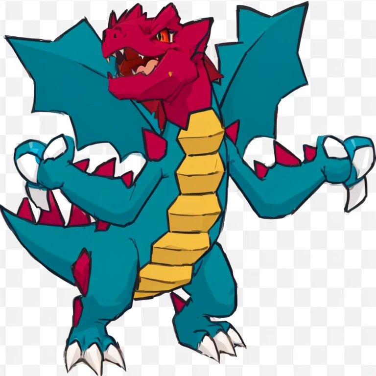 a cartoon dragon with a red and blue tail and a yellow tail, style of pokemon, pokemon art style, similar to pokemon, for pokemon red and blue, monster hunter monster, style of cute pokemon, illustration pokemon, charizard dog hybrid animal, pokemon anime style, charizard, slifer the sky dragon, fire red, giant kaiju dragon monster