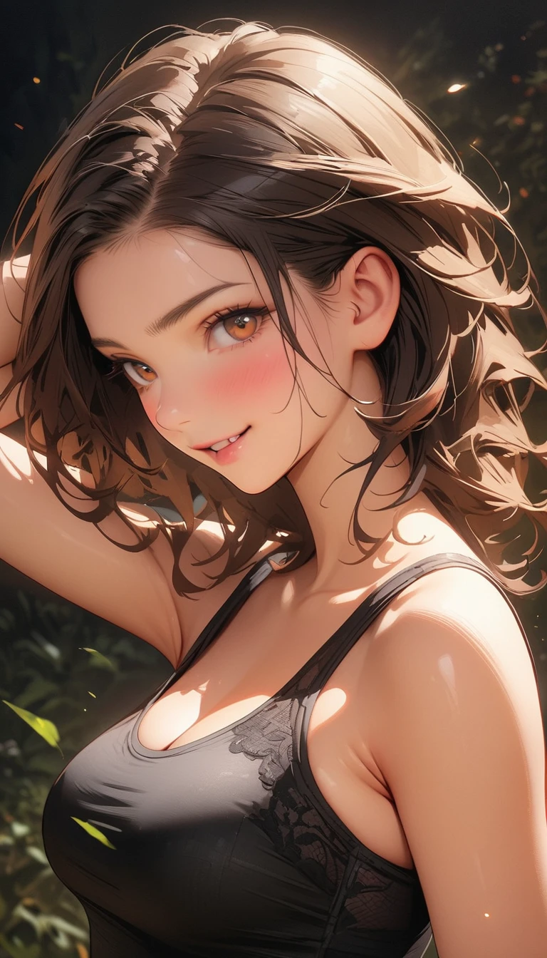 (Highest quality、masterpiece、High resolution、detailed), (Realistic skin texture:1.3), (detailedな目、Beautiful Face), 1 female, Delicate face, cute, She is wearing a low-neck short-sleeved T-shirt and a black bra, Playful, Ultra HD, masterpiece, Highest quality, Super Detail, Accurate, , rtrophto1