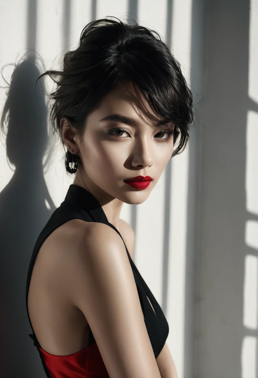 woman bathed in soft light, leaning against a wall, looking into the camera in a moment of raw emotion. Her attire is minimal, accentuating her beauty with the dramatic shadows cast by the lighting. The background is stark, with sharp contrasts highlighting the contours of her form. The red and black palette intensifies the mood, evoking a sense of mystery and allure. Subtle film grain and meticulous shading add depth and texture, emphasizing the emotional gravity of the scene. The lighting creates a chiaroscuro effect, accentuating her expressive pose and the intense atmosphere.