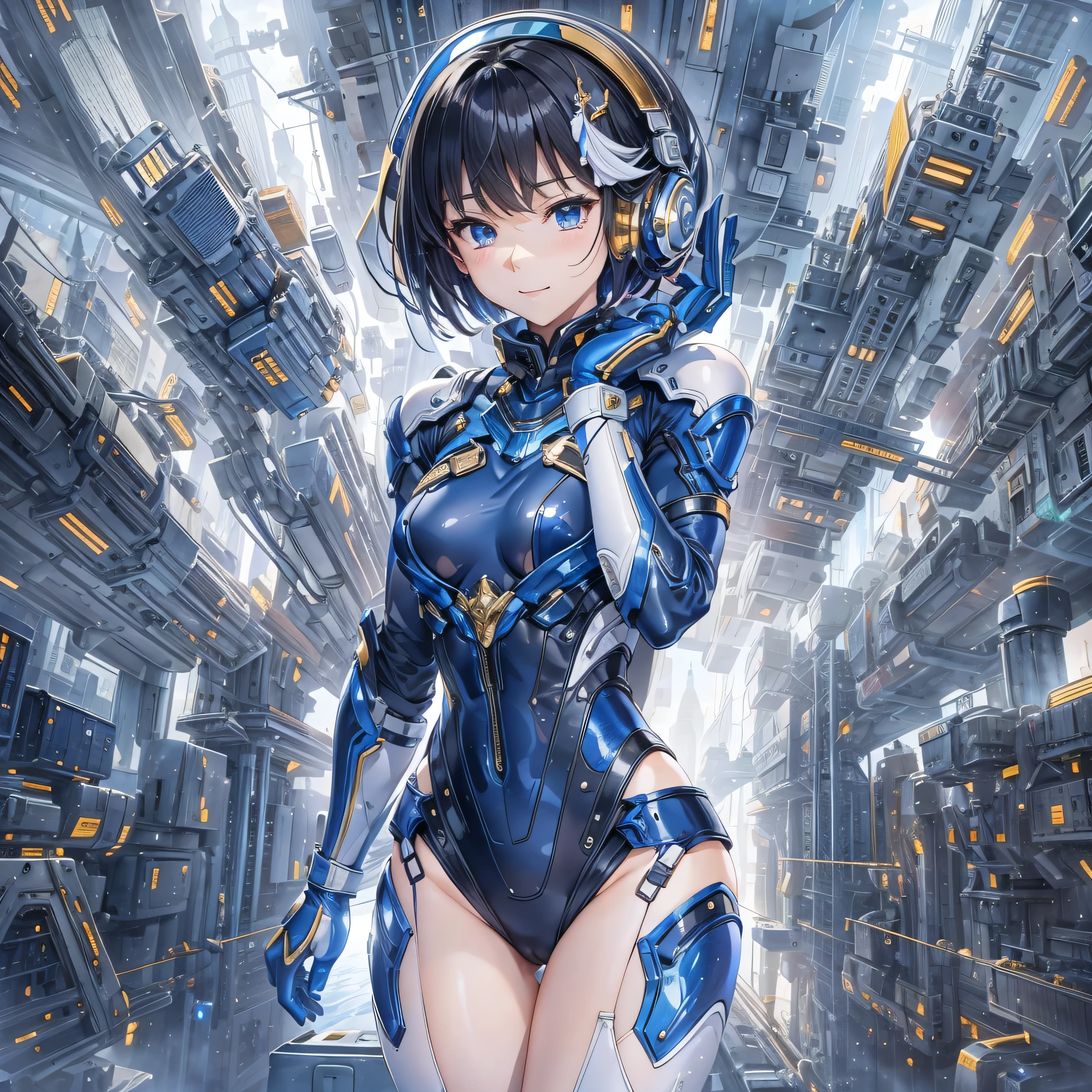 (masterpiece、Highest quality、Highest Resolution、Clear_image、Detailed details、Angle from above): (Whole body、One 20 year old girl、Japanese Faces、Small Face、Slender、Navy blue super short bob cut hair、(Hidden small breasts:1.3)、Sparkling blue eyes、Shiny pilot suit in blue and black colors、Chest protection armor、Tight fitting clothes、Clothing that covers the whole body、Glamorous clothes、Tight Fit Pants、Hide your skin、Very delicate and beautiful、Detailed Skin、hide thighs、Hide your ass、Cute、A gentle smile、Soft expression、heroine、headset、Knee-high boots、Elbow-length gloves、Eye Level Shot、Face directly、Woman on a spaceship)