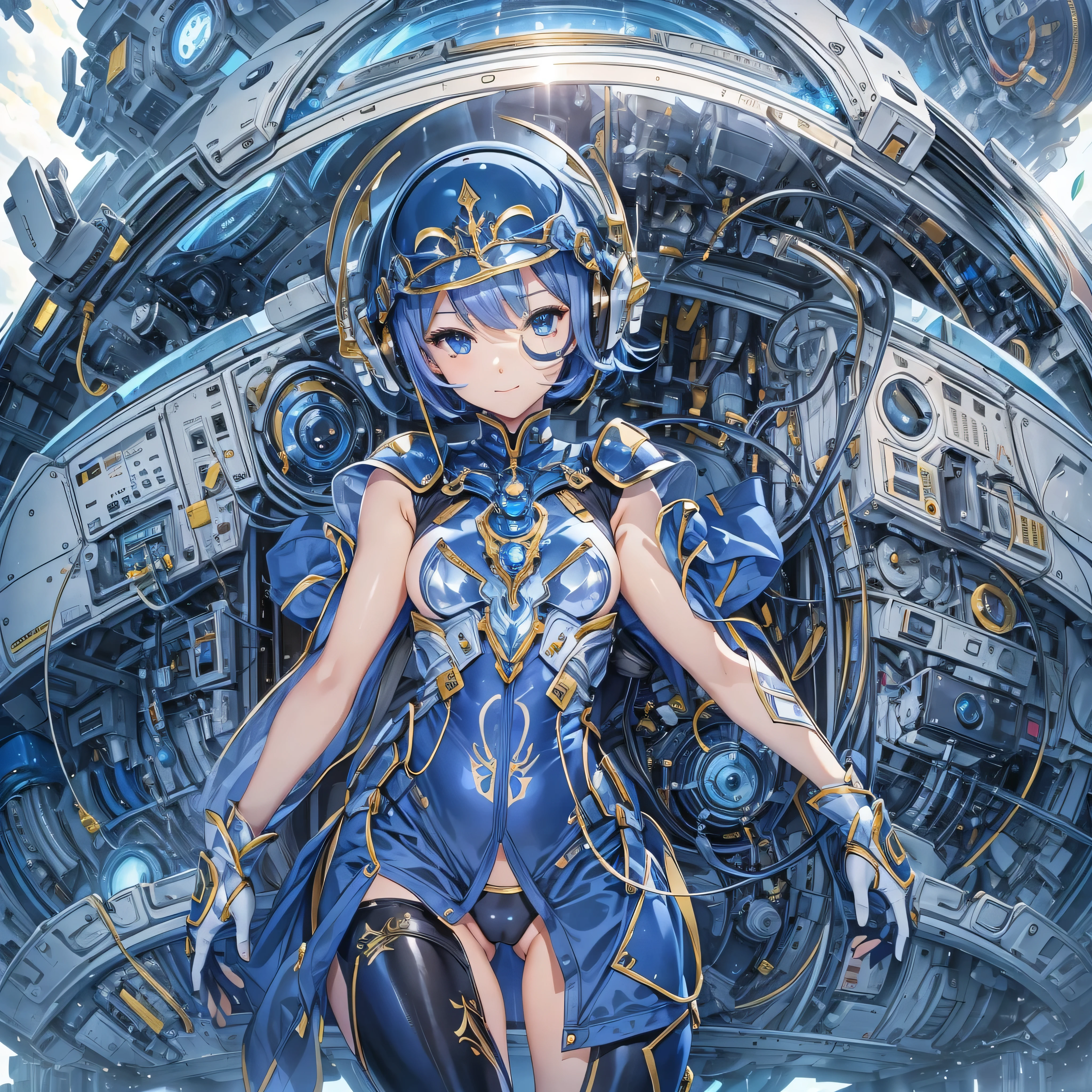 (masterpiece、Highest quality、Highest Resolution、Clear_image、Detailed details、Angle from above): (Whole body、One 20 year old girl、Japanese Faces、Small Face、Slender、Navy blue super short bob cut hair、(Hidden small breasts:1.3)、Sparkling blue eyes、Shiny pilot suit in blue and black colors、Chest protection armor、Tight fitting clothes、Clothing that covers the whole body、Glamorous clothes、Tight Fit Pants、Hide your skin、Very delicate and beautiful、Detailed Skin、hide thighs、Hide your ass、Cute、A gentle smile、Soft expression、heroine、headset、Knee-high boots、Elbow-length gloves、Eye Level Shot、Face directly、Woman on a spaceship)