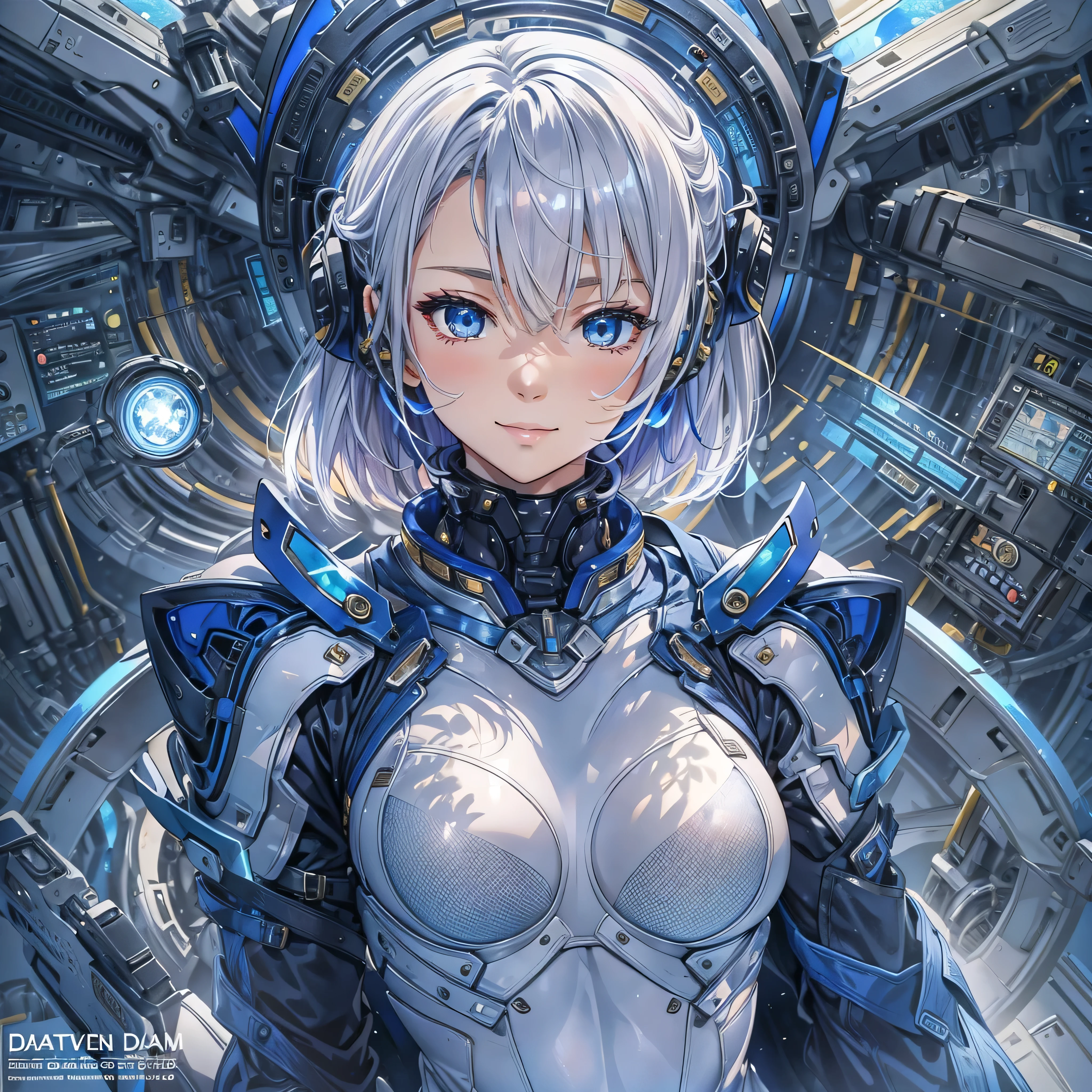 (masterpiece、Highest quality、Highest Resolution、Clear_image、Detailed details、Angle from above): (Whole body、One 20 year old girl、Japanese Faces、Small Face、Slender、Navy blue super short bob cut hair、(Hidden small breasts:1.3)、Sparkling blue eyes、Shiny pilot suit in blue and black colors、Chest protection armor、Tight fitting clothes、Clothing that covers the whole body、Glamorous clothes、Tight Fit Pants、Hide your skin、Very delicate and beautiful、Detailed Skin、hide thighs、Hide your ass、Cute、A gentle smile、Soft expression、heroine、headset、Knee-high boots、Elbow-length gloves、Eye Level Shot、Face directly、Woman on a spaceship)