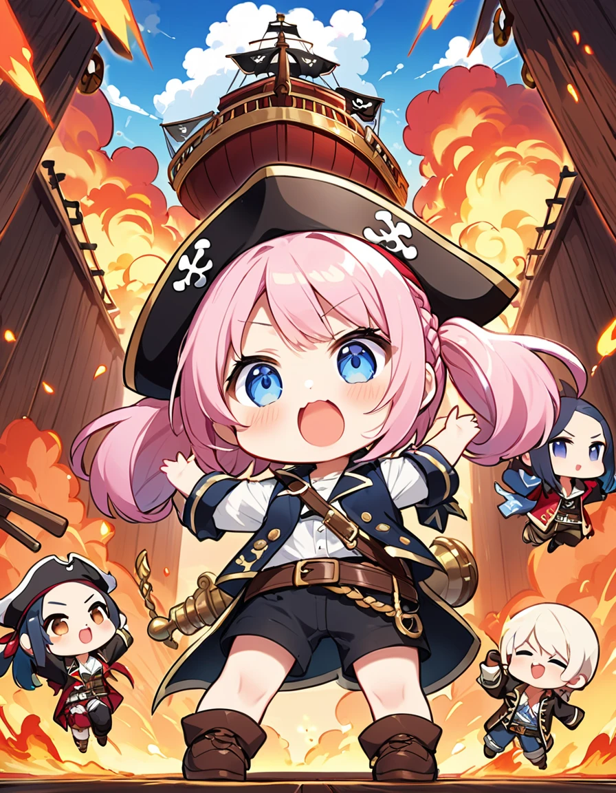 Highest quality、High resolution、Detailed Background、Beautiful face in every detail、Anatomically correct、Detailed facial expressions、fine grain、((full body, from below:1.2, back shot)), break ((One Girl:1.5)、(Chibi Girl:1.5))、Cute hair color、Big beautiful blue eyes、Fuller lips、Pink Lips、Braided twin tails、Ahoge、(pirate ship captain、Confront enemy pirates:1.2)、(Cute sleeveless pirate outfit、Cute pirate shoes)、break ((Spread your legs、Stand with your back straight、((Stretch your arms horizontally:1.2))、Winner pose))、(I am going to cry、Open your mouth wide、Determined look:1.2)、break (The background is a pirate ship、Calm sea、Summer Clouds、explosion、inflammation)、Pirate with sword
