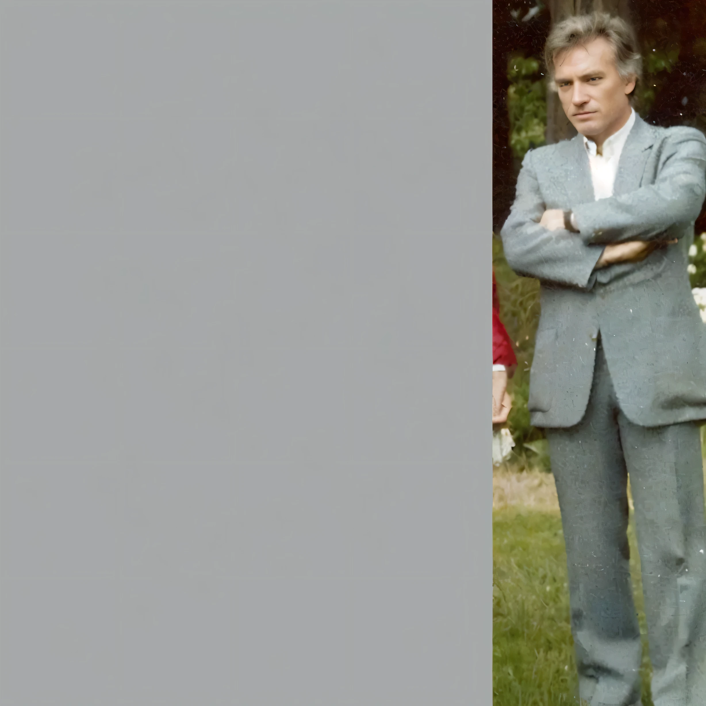 there is a man in a suit standing in the grass, taken in the late 1980s, 1982, 1 9 8 2, taken in the late 1970s, 1983, 1 9 8 3, 1 9 8 0, 1980, 1979, 1 9 7 9, Film Photography,Film grain, 8K Photo, 8K Quality, Professional Photography, High Resolution, High Detail, High Fidelity, Detailed hair, Detailed hair strands, Detailed skin,
Detailed skin texture, Detailed pores, Detailed fabric textures, Detailed Clothes, Detailed cloth textures, Detailed cloth wrinkles, Sharp focus, Detailed shirt, Detailed outfit