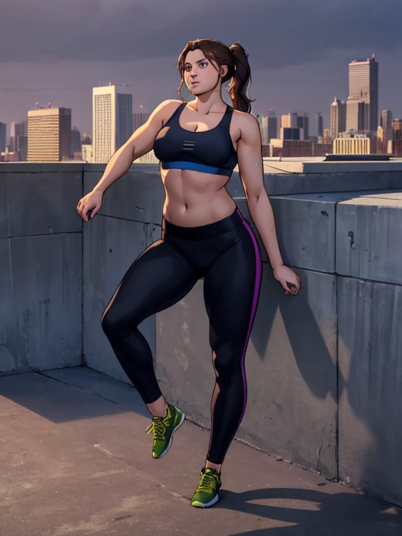 (masterpiece, top quality, best quality, official art, beautiful and aesthetic:1.2), (1girl:1.3),big fat body (gorgeous face), age19, long light brown hair, honey colored highlights, hazel eyes, brown eyes, tanned skin, C-cup, full breasts, body plus, (full fat body:0.6), SSBBW, detailed background, close up, (airy modern theme:1.1), arched back, flexing, smirk, mysterious, standing on roof top, sports bra, leggings, wet, workout gear, city skyline, well-lit, slim waist, slim hips, long legs, modern, background, dark mysterious lighting, shadows, magical atmosphere, high angle,
