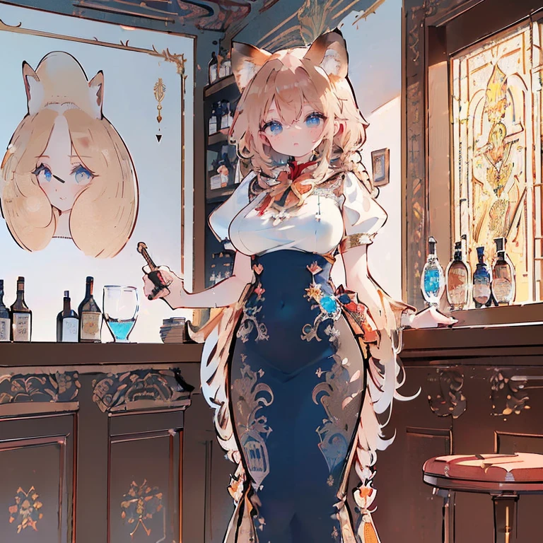 Anime Kawaii sexy Perfect Slim sensual body large breast and huge thighs, An intricate and highly detailed illustration of anime (Young girl) (((work of art))), (((highest quallity))), ((ultra detali)), ((super fine illustration)), ((ultra-fine painting)), (Papel de parede da highest quallity 16K:1.4), (trunk:1.6), HDR, (highy detailed and delicate illustration style:1.8), Detailed texture skin, detailed cloth texture, extremely detailed description, (Masterpiece T), (highy detailed face:1.4), (highy detailed red fox ears:1.2), (highy detailed (golden brown:1.4) Braid:1.2), (highy detailed blue eyes:1.2), original, CRU photo, proffesional, details Intricate, super details, (Perfect Anatomia:1.4), (highy detailed hands:1.2), (highy detailed fingers:1.2), (highy detailed fingertips:1.2), (27 year old), (standing alone:1.6), ((A beautiful and attractive (red fox) Female model:1.4)) curb (Beautiful and adorable red fox ears:1.6), (highy detailed and delicate red fox ears:1.2), (Large, beautiful and well-shaped breasts:1.2), (Beautiful, well-shaped buttocks), (Beautiful and shiny (golden brown:1.25) Braid:1.6), (highy detailed and delicate (golden brown:1.4) Braid:1.2), (Beautiful, clear blue eyes:1.6), (highy detailed and delicate blue eyes:1.2), (highy detailed face:1.4), (ssmile:1.3), (blush:1.2), (looking ahead at viewer:1.4) curb (She is wearing a sophisticated black and white short-sleeved bartender uniform:1.4) curb ((A sophisticated BAR in the background:1.4), A drinks shelf filled with bottles of high-quality whiskey and cognac:1.4, bar counter:1.4) curb
