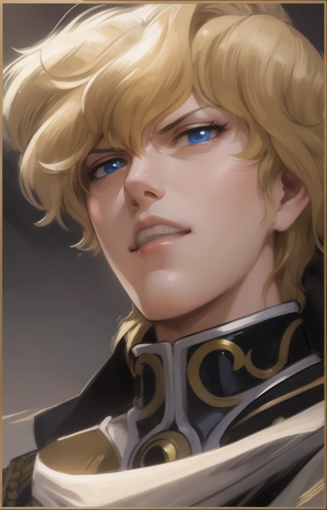 Illustration of a man, military uniform, an illustration inspired by Kanō Hōgai, Tumblr, romanticism, Reinhard von Lohengramm, portrait, blonde hair, the sandman from graphic novel, deep focus, wearing a high-collared uniform, a silver breastplate over a black tunic with intricate designs. The tunic is adorned with silver accents and golden epaulettes, symbolizing his high rank. The uniform features a structured fit, emphasizing his commanding presence. He wears a long, flowing cape that adds to his regal appearance. His piercing blue eyes reflect his ambition and determination, and his expression exudes confidence and authority. The overall look is one of nobility and power, perfectly capturing his character. manly features, man, manly, angry, tense, stong gaze