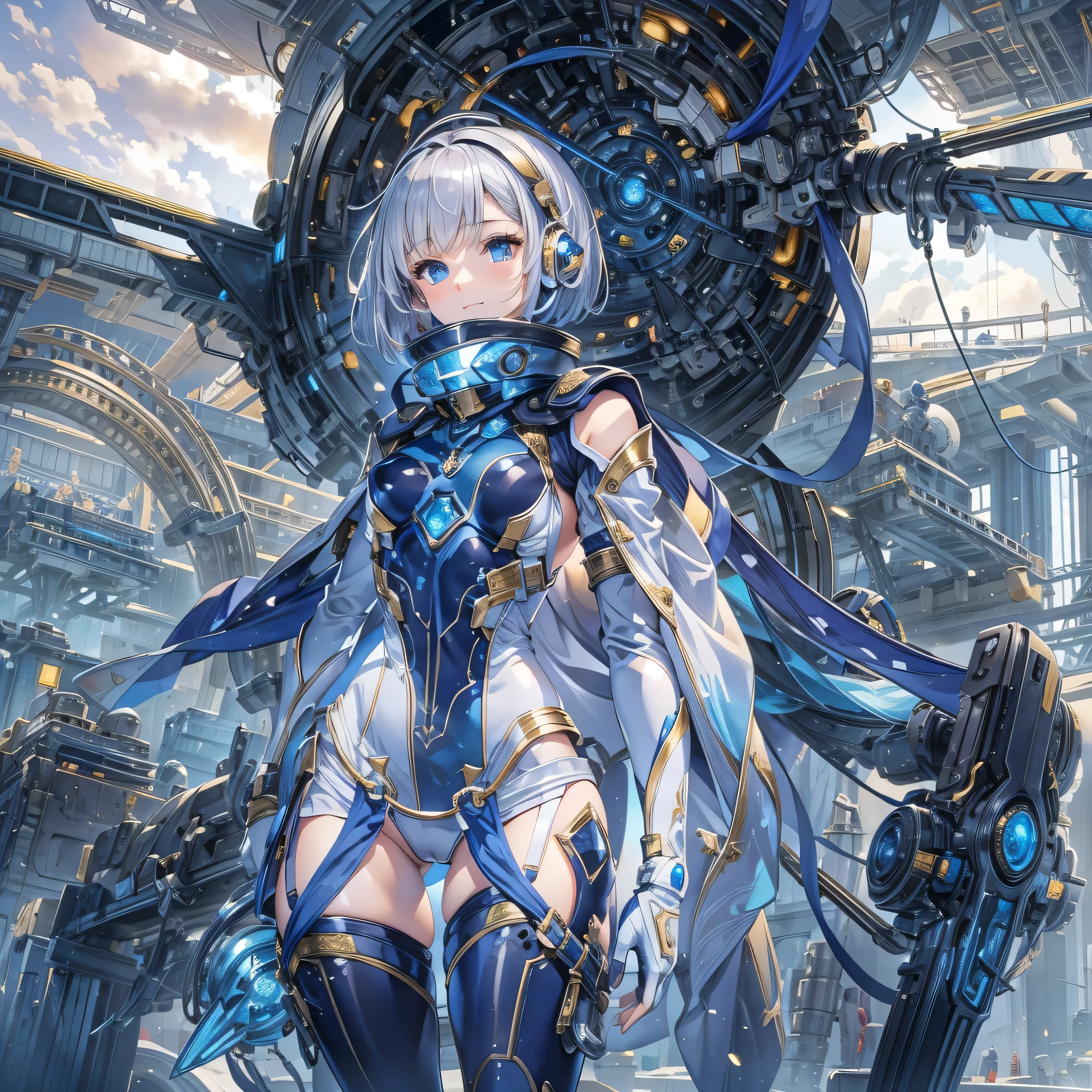 (masterpiece、Highest quality、Highest Resolution、Clear_image、Detailed details、Angle from above): (Whole body、One 20 year old girl、Japanese Faces、Small Face、Slender、Navy blue super short bob cut hair、(Hidden small breasts:1.3)、Sparkling blue eyes、Shiny pilot suit in blue and black colors、Chest protection armor、Tight fitting clothes、Clothing that covers the whole body、Glamorous clothes、Tight Fit Pants、Hide your skin、Very delicate and beautiful、Detailed Skin、hide thighs、Hide your ass、Cute、A gentle smile、Soft expression、heroine、headset、Knee-high boots、Elbow-length gloves、Eye Level Shot、Face directly、Woman on a spaceship)