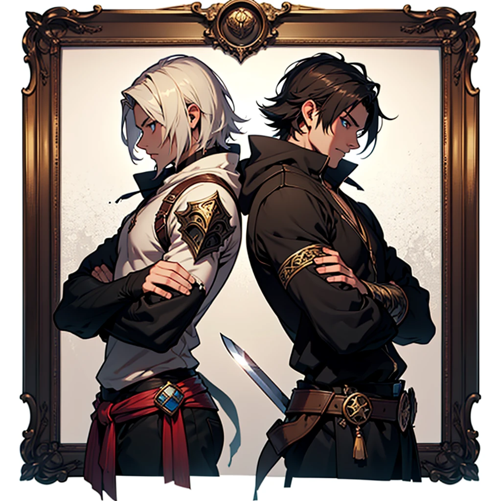 warrior and thief by Dungeon and Dragons that cross his sword and his dagger, thief on the right side and warrior on the other side, they clash their shoulders in the name of friendship, knowing look, frame inspired by a broken arch positioned on the lower side, characters drawn half-length.