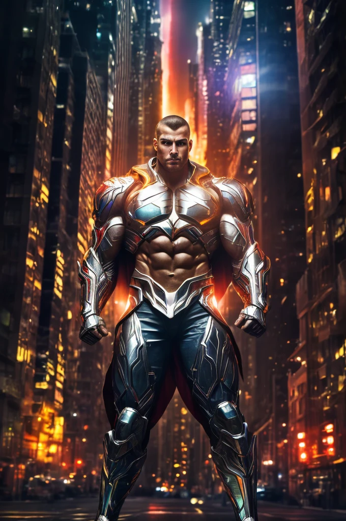(mid_shot:1.3),(1 male:1.2),(muscle man:1.1),(frontal illumination:1.2),with a silver body and glitters with lights above,extreme iridescent reflection,in the style of vray tracing,vibrantmanga,shiny/ glossy,rococo pastel,fluid form,tinycore,fluid impressions,vray,machine aesthetics,yanjun cheng,silver,shiny eyes,fluidform.,the young warrior,male characteristics, heroic stance,striking contrast,energy crackling,superhuman speed,heroic proportions,red and yellow lightning effects,explosive background,cityscape at night,energetic aura.