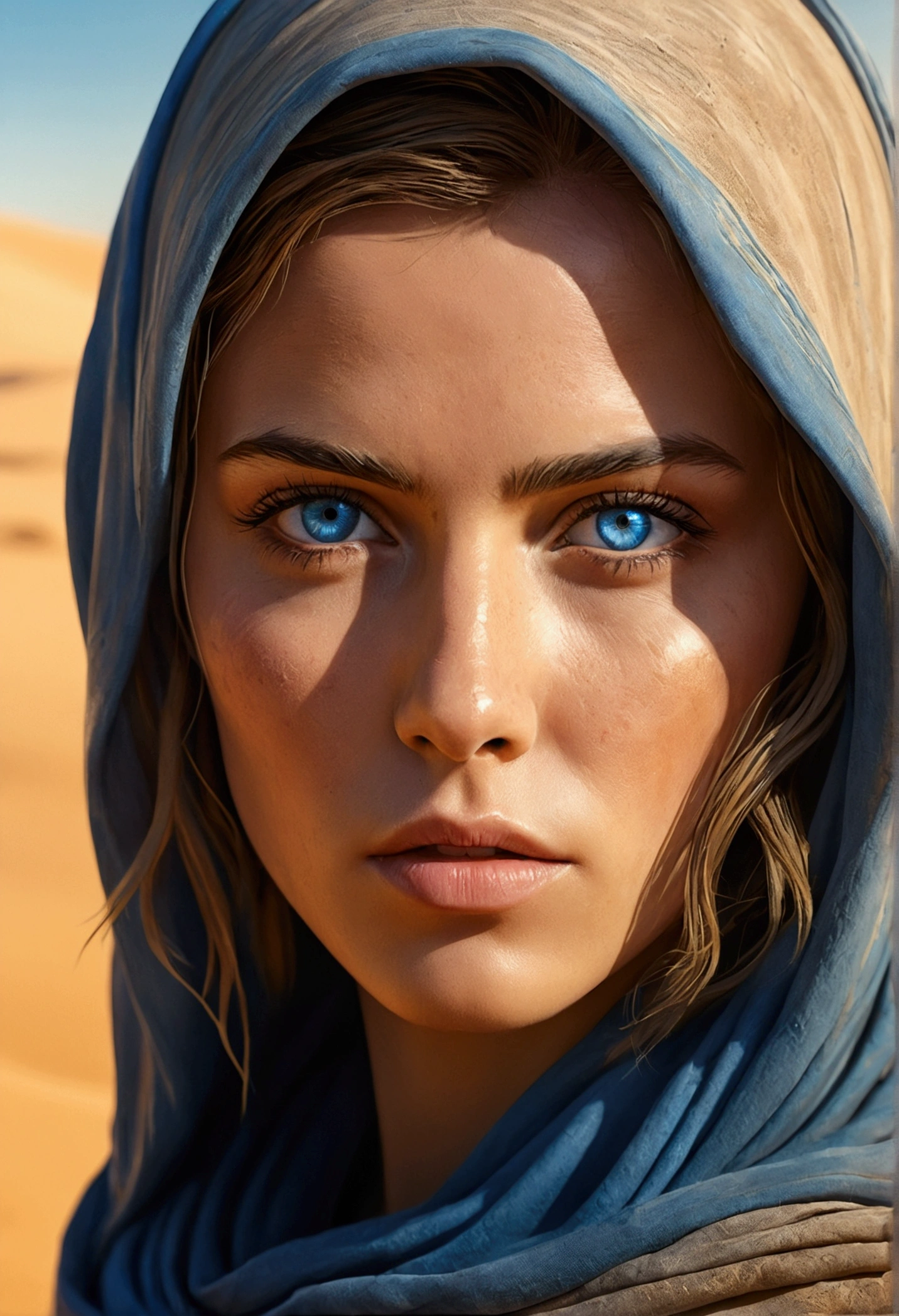 minimalist and ultra detailed digital line art watercolor rendering of a beautiful futuristic desert nomad, beautiful detailed symmetrical blue eyes, sand color clothes/ detailed gorgeous face, Apocalyptic environment and sandstorm, spatter, MAD MAX WORLD style, Estilo Wash Bathroom, john william waterhouse, Luminous Studio graphics engine main image, DOF, golden-hour, 8k, estética de iluminação soft, edge-to-edge print, volumetric lighting, Tanvir Tamim, cinematic, coloured background, conceptual artwork, dramatic lighting, high détail, highy detailed, hyperrealisti, octane rendering, soft, studio lighting, trends on ArtStation