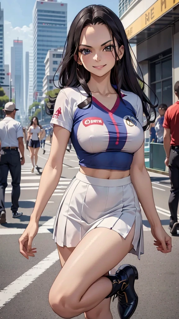 girl, Nico Robin, one piece, G-string、Very cute face、Large V-neck、Large Breasts , Big Ass , debt/16, 85mm, masterpiece, Anatomically correct, Super Detail, Attention to detail, high quality, 最high quality, High resolution, 4K、Natural smile、Model Pose、Cute pose、Monte Carlo Street Circuit, Racing Car, Racing Bike, Promotion Girl, Grid Girls, The promotional costumes are exquisitely tailored., paying meticulous attention to detail, Lace-up boots, Short sleeve, Cropped tops, Knee-length, Exposing shoulders, Knee-lengthグリッターナイロンプリーツスカート, Asymmetrical medium size nylon pleated skirt, Promotional wear with logo, Red and white glitter promotional wear、smile, Wink, Happy expression、Shallow depth of field