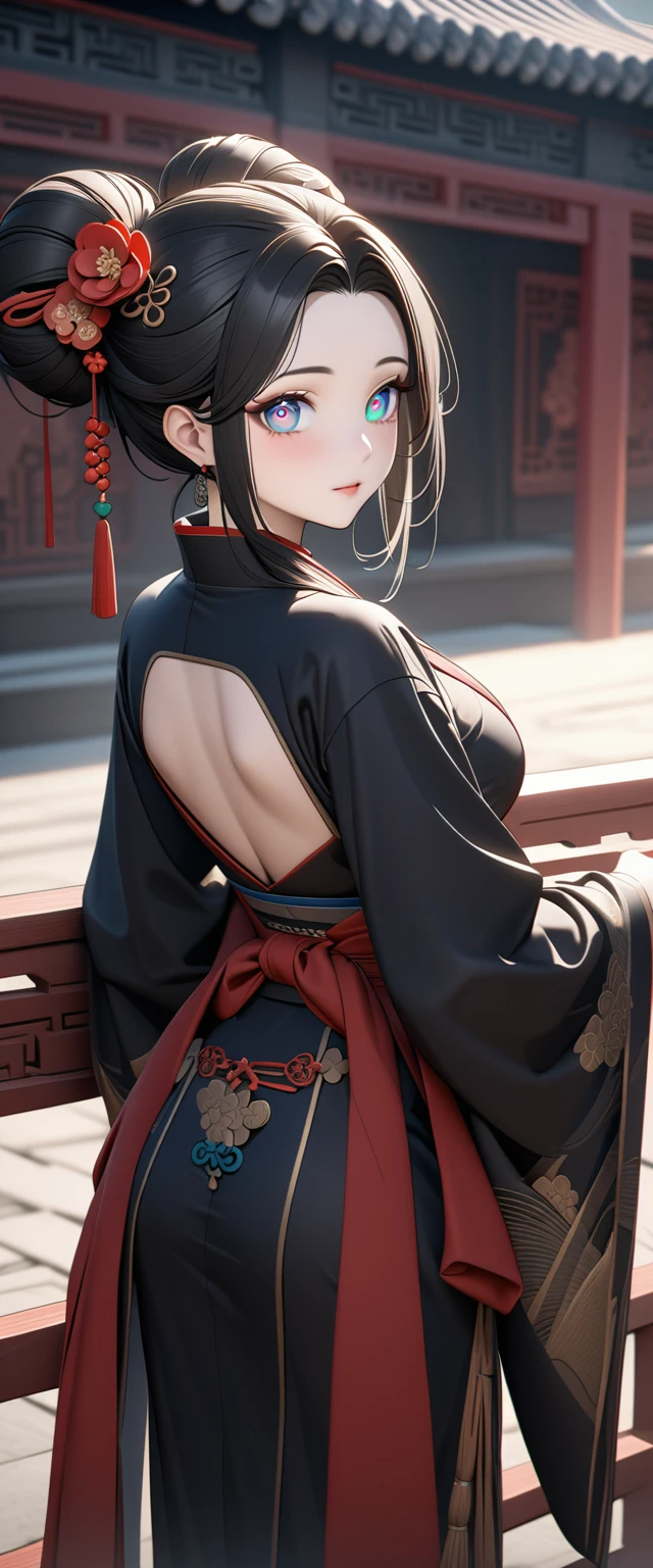 豊満な体の女god god様 god々Shii Big eyes Rainbow Eyes Her black hair is tied back in a bun Tactile Hair ancient chinese folk costumes Highest quality Super detailed detailed woman High quality 8k