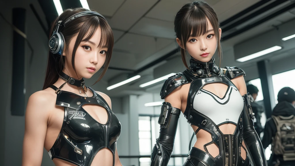 high quality, masterpiece, Two close friends, Beautiful age girl, Small and skinny girl, Cute girl face, cyber punk, Wearing futuristic robotic tactical leather shear armor cyber punk suit with cutouts showing abs, lean and athletic body, Innocent, Playful, Famous Japanese actresses, Very beautiful face,smile,Teeth are visible,