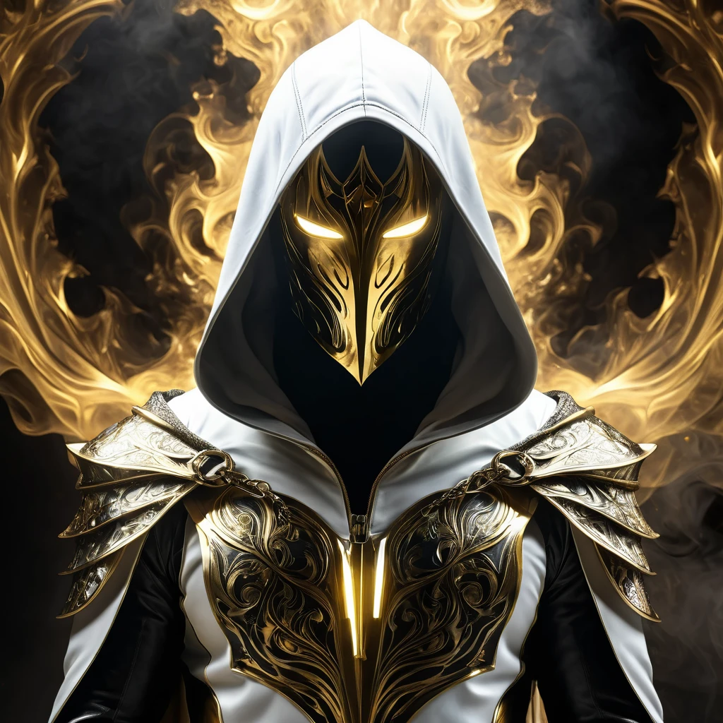 Dark fantasy, shadow knights, (( white and gold plug suit, black smoke in plug suit) ), (burning eyes:1) , (white, gold hooded cloak of leather material) , (fractal art:1.2) , cave background, transparency, caustics, optics, surreal, magic, masterpiece, perfect anatomy, 32k UHD resolution, best quality, highly detailed, photorealistic portrait, professional photography, cinematic angle, reflection lights, 8k sharp focus
