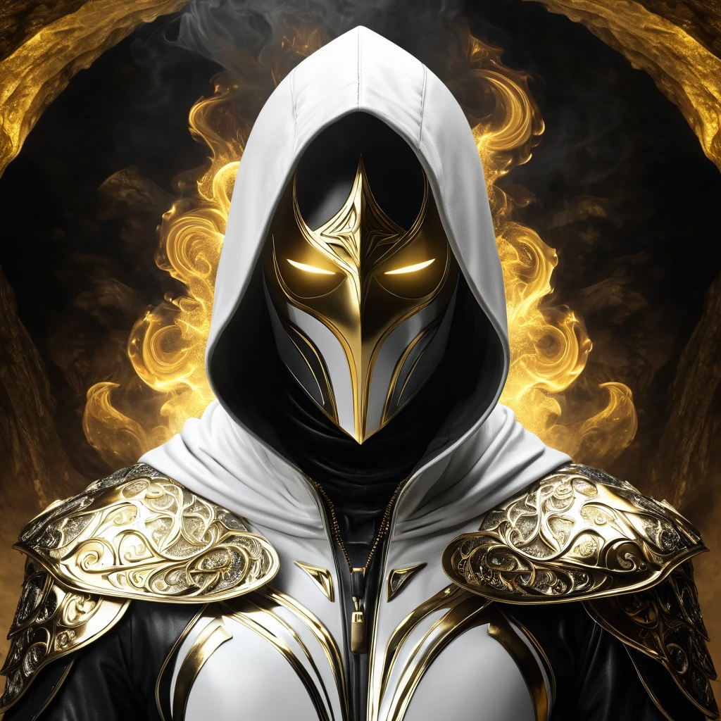 Dark fantasy, shadow knights, (( white and gold plug suit, black smoke in plug suit) ), (burning eyes:1) , (white, gold hooded cloak of leather material) , (fractal art:1.2) , cave background, transparency, caustics, optics, surreal, magic, masterpiece, perfect anatomy, 32k UHD resolution, best quality, highly detailed, photorealistic portrait, professional photography, cinematic angle, reflection lights, 8k sharp focus