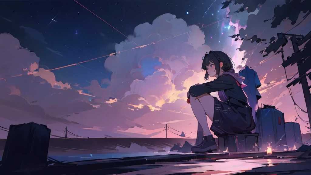masterpiece,night,(dark alley),star、Night Sky、milky way、octone、
(1. Female), (solo), Knee hugging sitting，acousticguitar