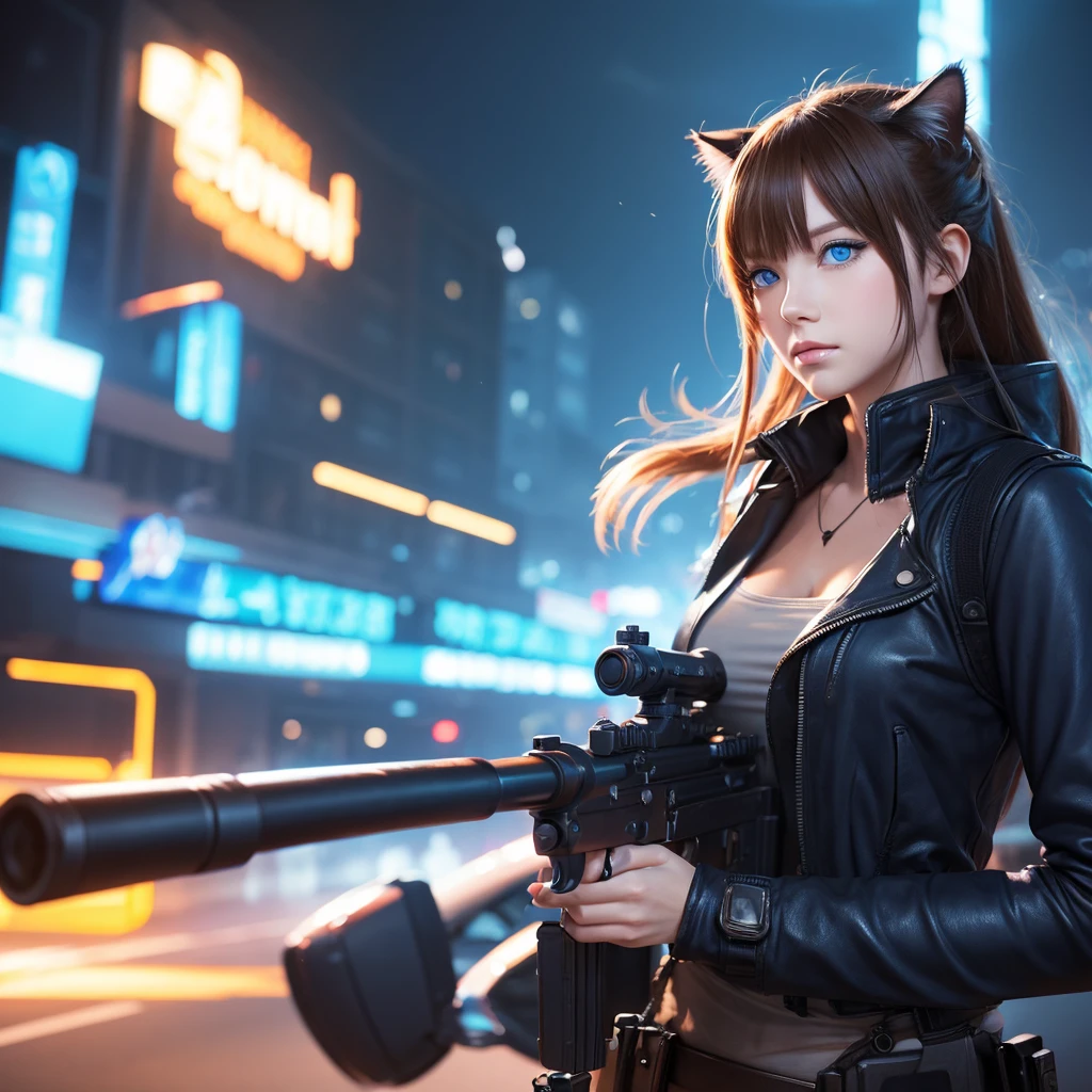solo, High-resolution model, Cat, blue eyes, Background blur, Illustration, gun, anime,