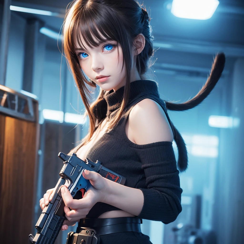 solo, High-resolution model, Cat, blue eyes, Background blur, Illustration, gun, anime,