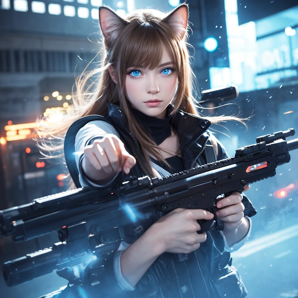 Masterpiece, Best Quality, Beautiful Girl, Catwoman, Cat Ears, Leather Jacket, Golden Eyes, Light Effects, Face Detail Portrayal, Anime - Style Image of a Woman Holding a Gun in Black, M4 Sopmod II Girl Front, Badass Anime 8 K, With Rifle, 2B, 2 B, Assassin, Sniper Girl in War, Anime Machine Gun Shooting, Medium Close-Up, Cinematic Footage AR 9: 16 -N 6 -g,