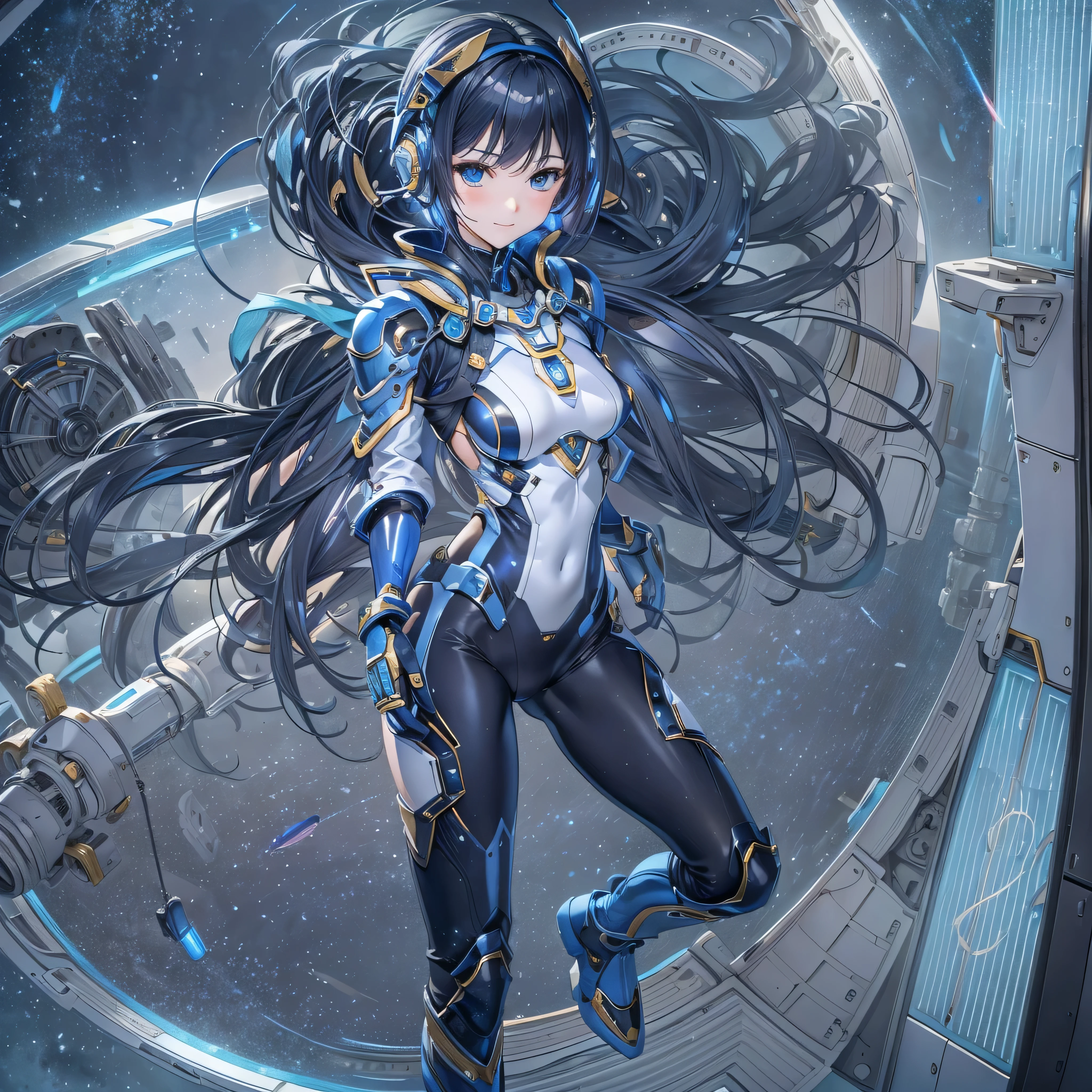 (masterpiece、Highest quality、Highest Resolution、Clear_image、Detailed details、Angle from above): (Whole body、One 20 year old girl、Japanese Faces、Small Face、Slender、Navy blue super short bob cut hair、(Hidden small breasts:1.3)、Sparkling blue eyes、Shiny pilot suit in blue and black colors、Chest protection armor、Tight fitting clothes、Clothing that covers the whole body、Glamorous clothes、Tight Fit Pants、Hide your skin、Very delicate and beautiful、Detailed Skin、hide thighs、Hide your ass、Cute、A gentle smile、Soft expression、heroine、headset、Knee-high boots、Elbow-length gloves、Eye Level Shot、Face directly、Woman on a spaceship)